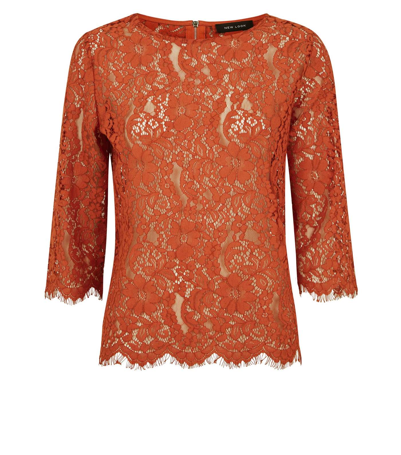Rust Lace 3/4 Sleeve Zip Back Top Image 4