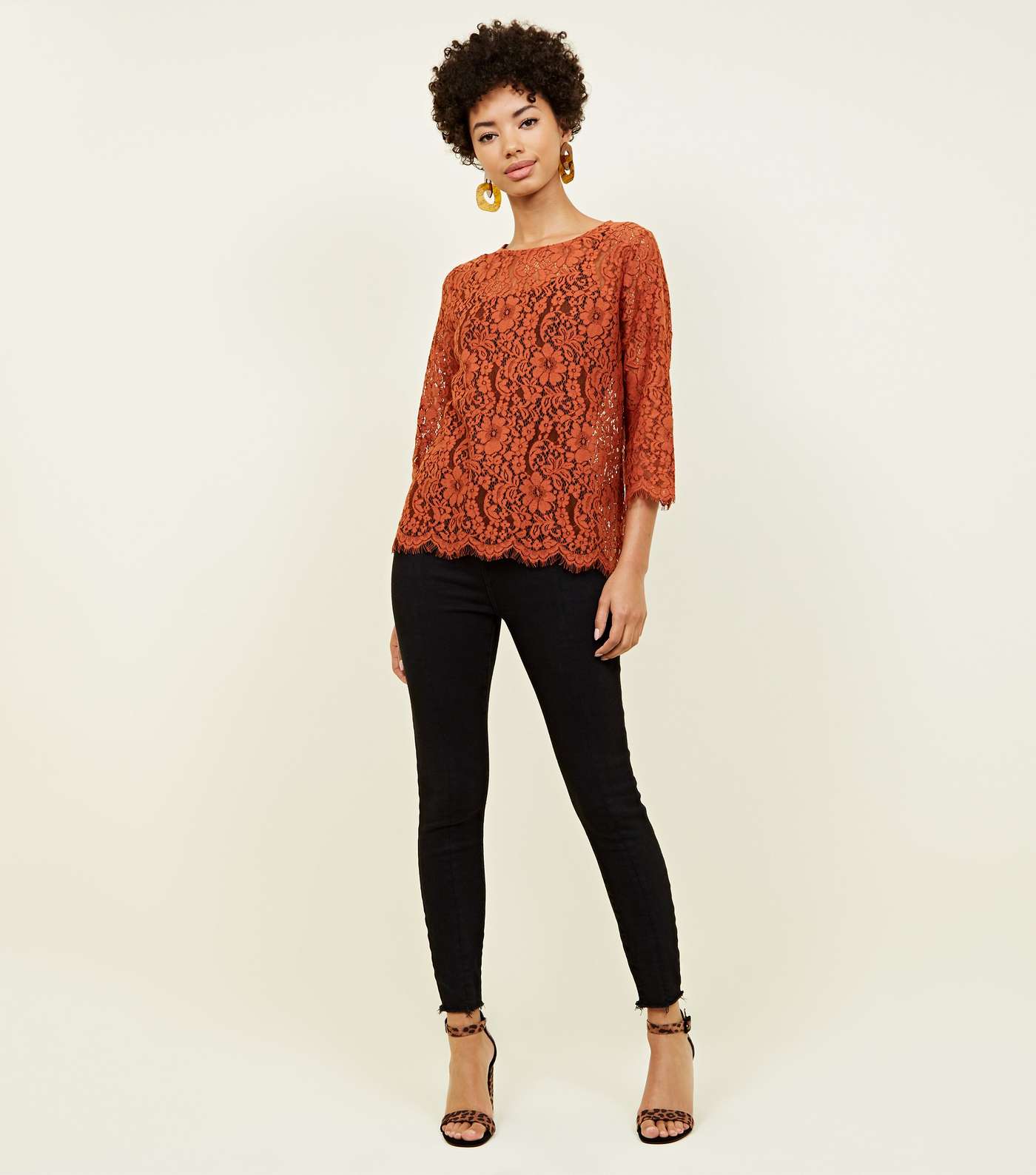 Rust Lace 3/4 Sleeve Zip Back Top Image 2