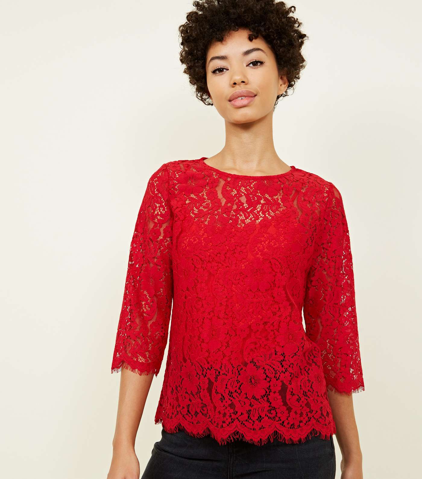 Red Lace 3/4 Sleeve Zip Back Top