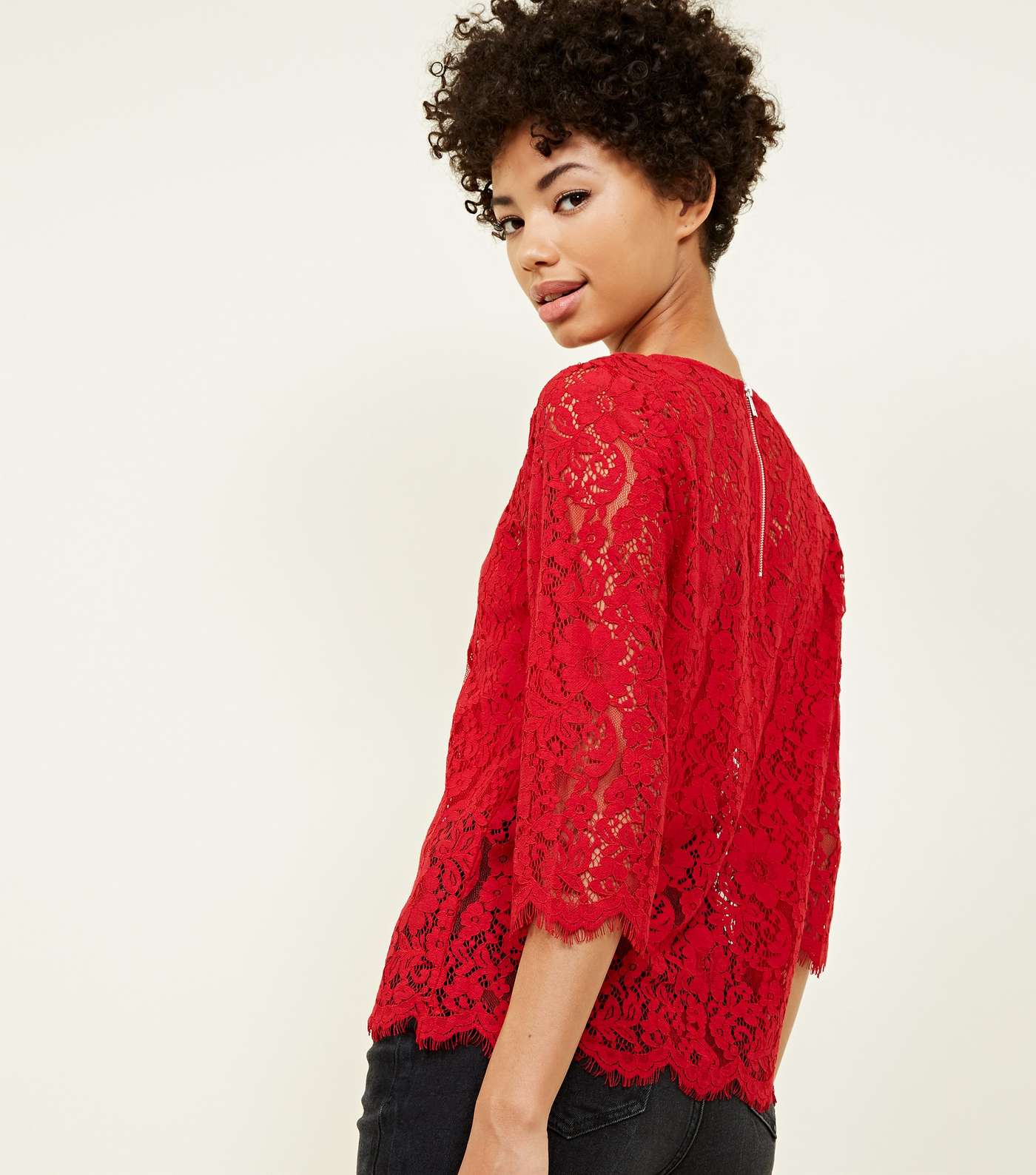 Red Lace 3/4 Sleeve Zip Back Top Image 3