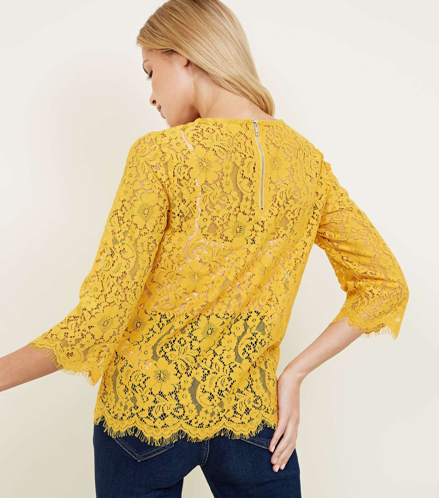 Mustard Lace 3/4 Sleeve Zip Back Top Image 3