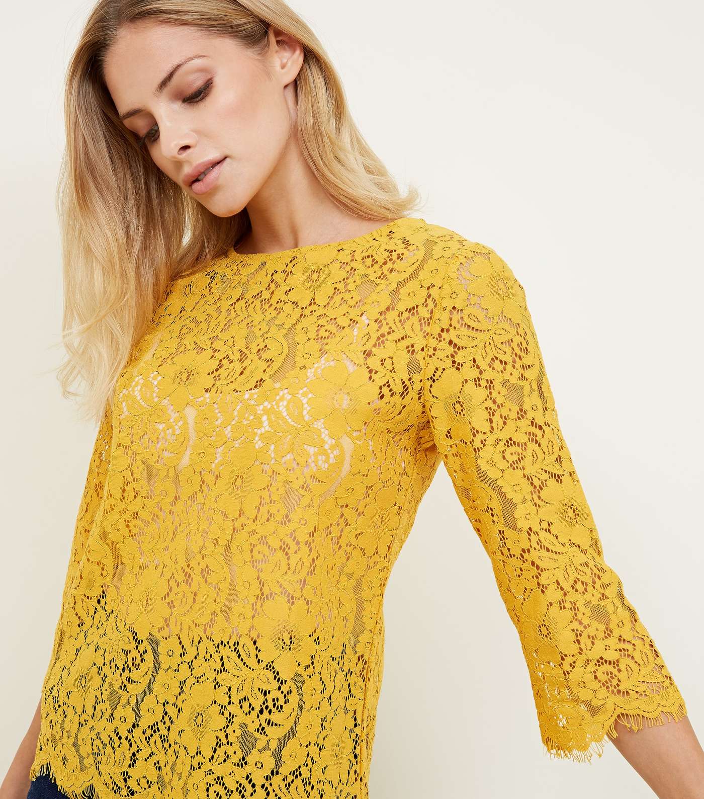 Mustard Lace 3/4 Sleeve Zip Back Top Image 5