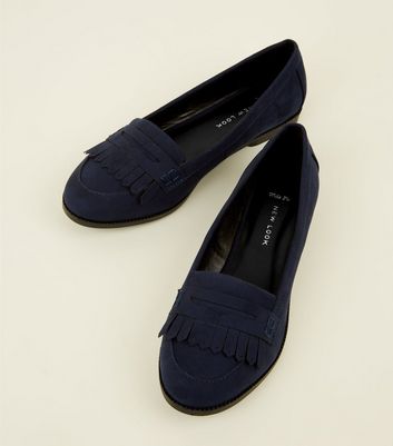 Wide Fit Navy Suedette Fringed Penny 