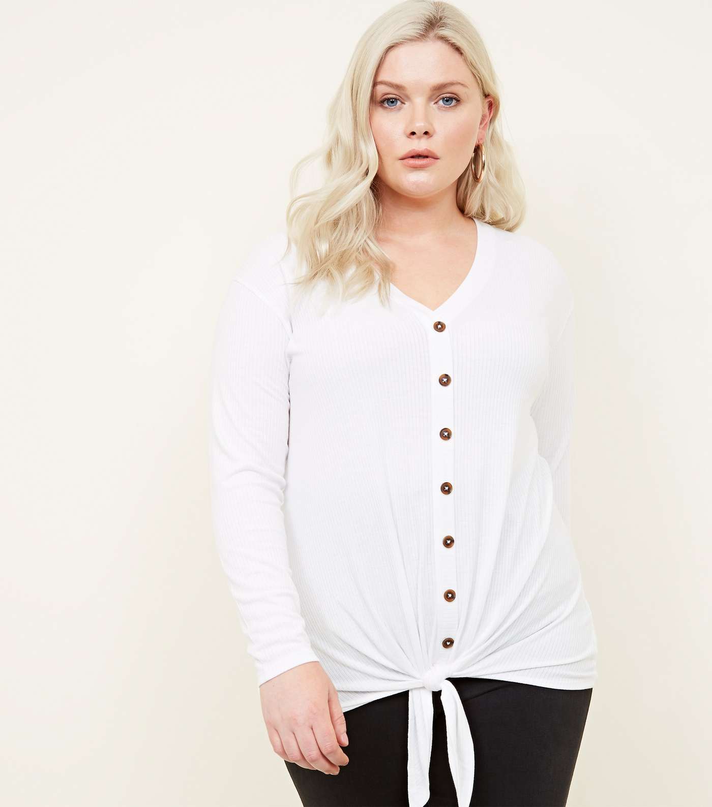 Curves White Button Tie Front Top
