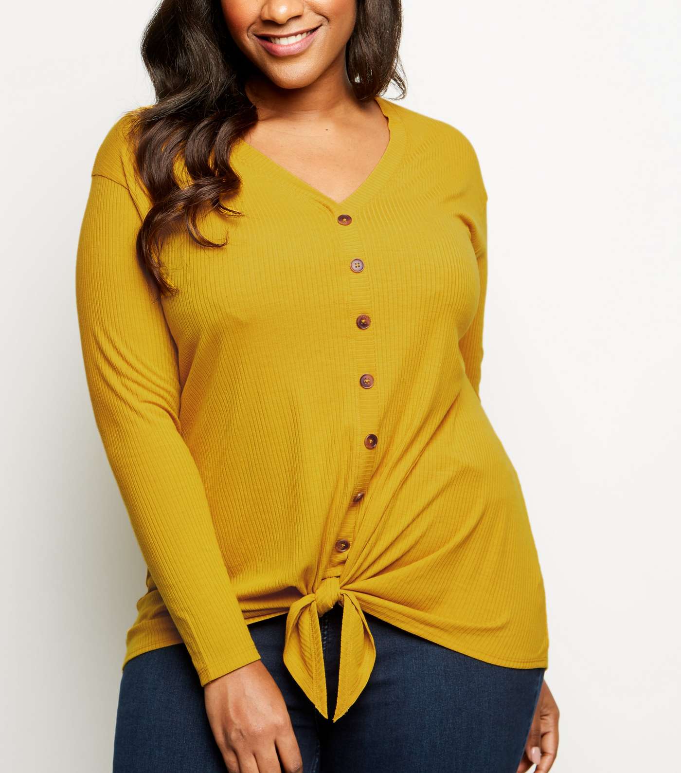 Curves Yellow Button Tie Front Top