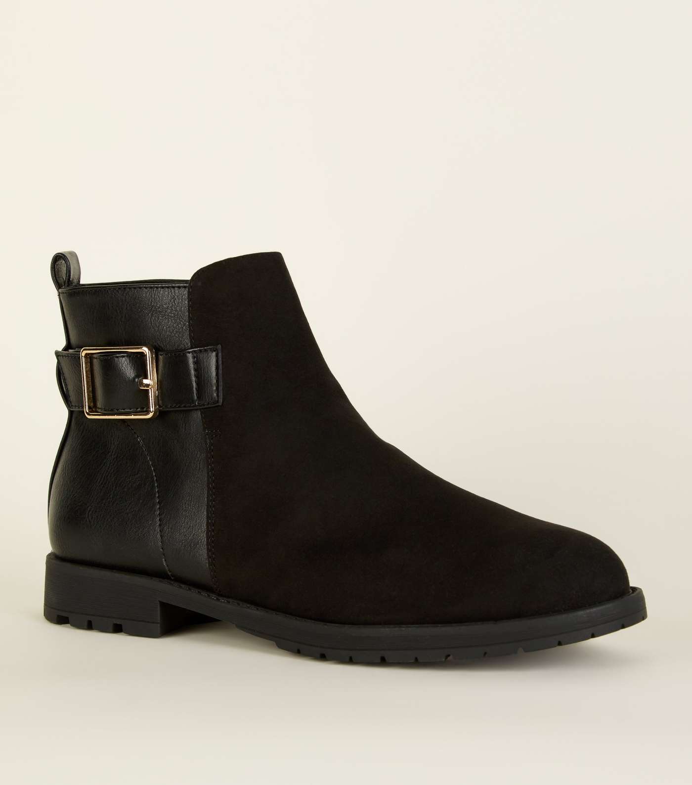 Wide Fit Black Buckle Side Flat Ankle Boots