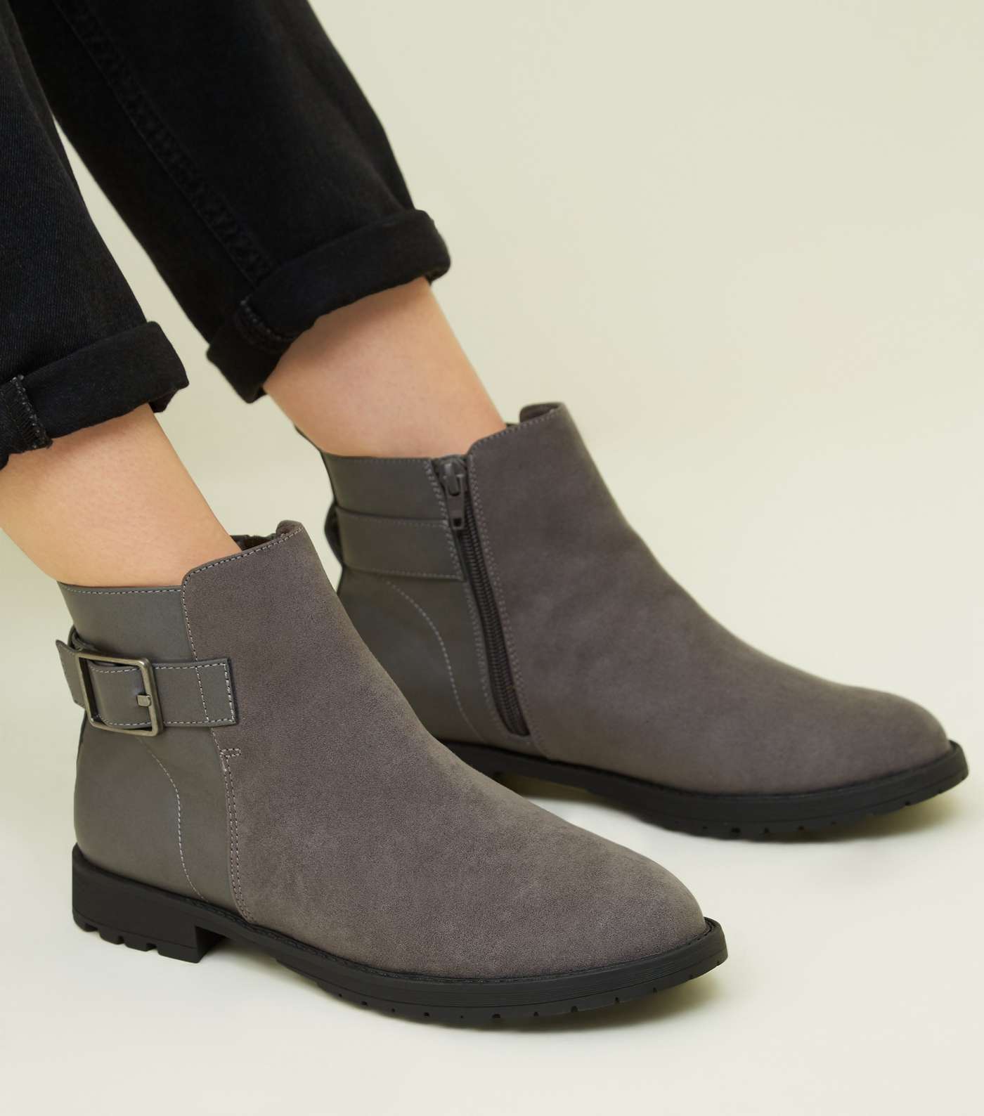 Wide Fit Grey Buckle Side Flat Ankle Boots Image 2