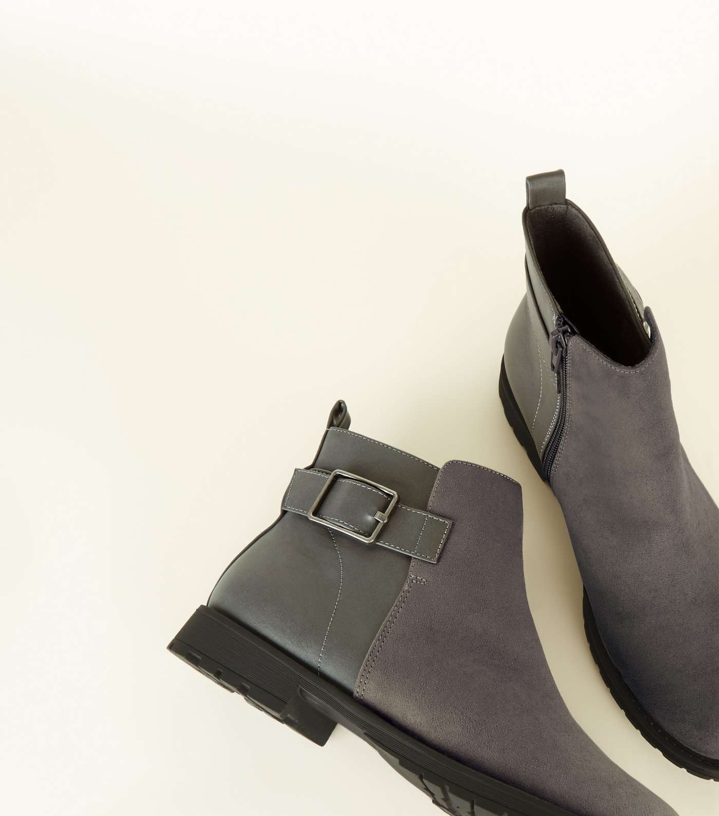 Wide Fit Grey Buckle Side Flat Ankle Boots Image 4
