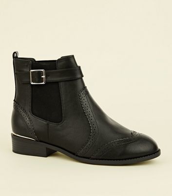 Black Leather-Look Brogue Chelsea Boots 