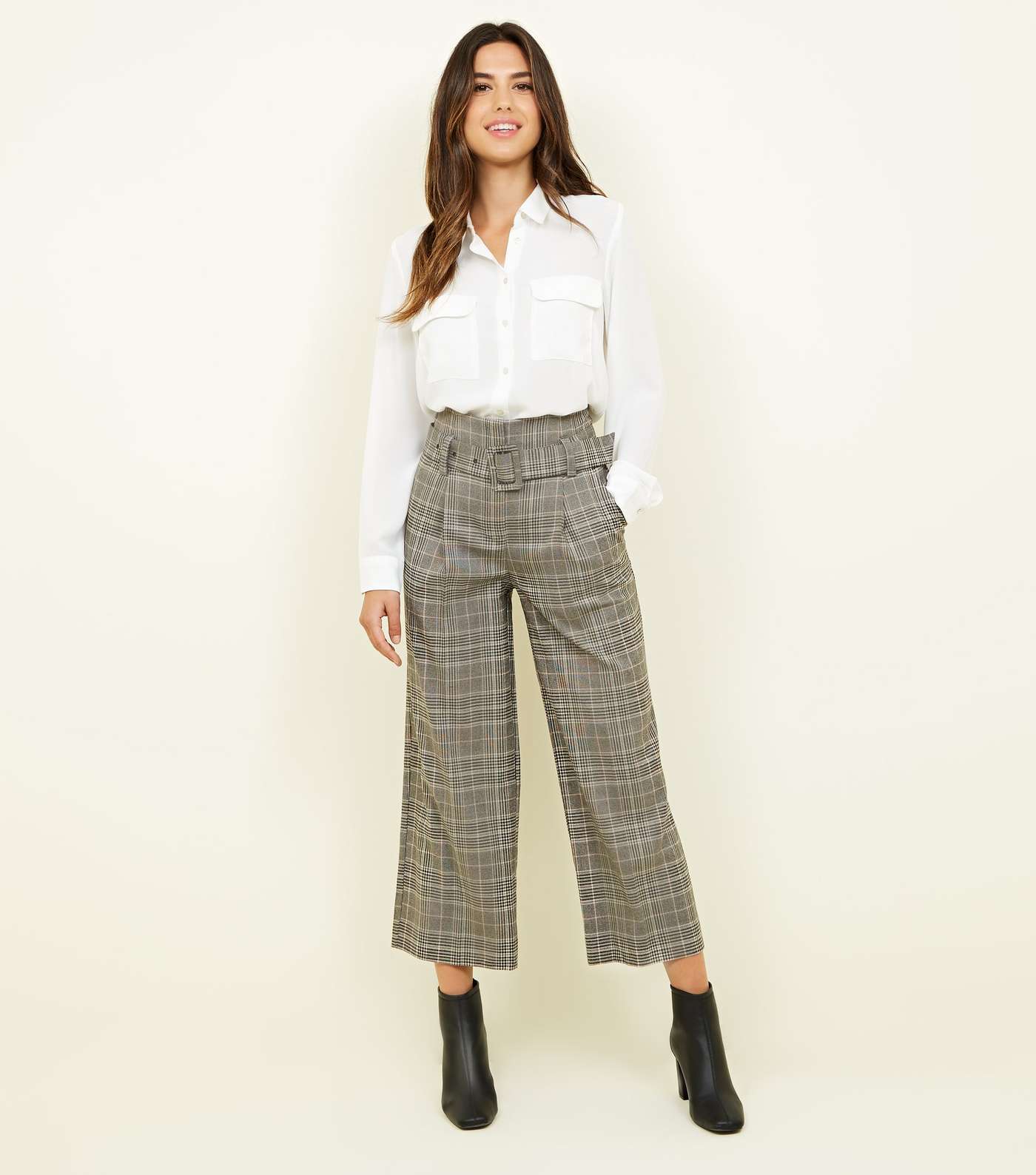 Stone Check Buckle Belt Wide Leg Trousers