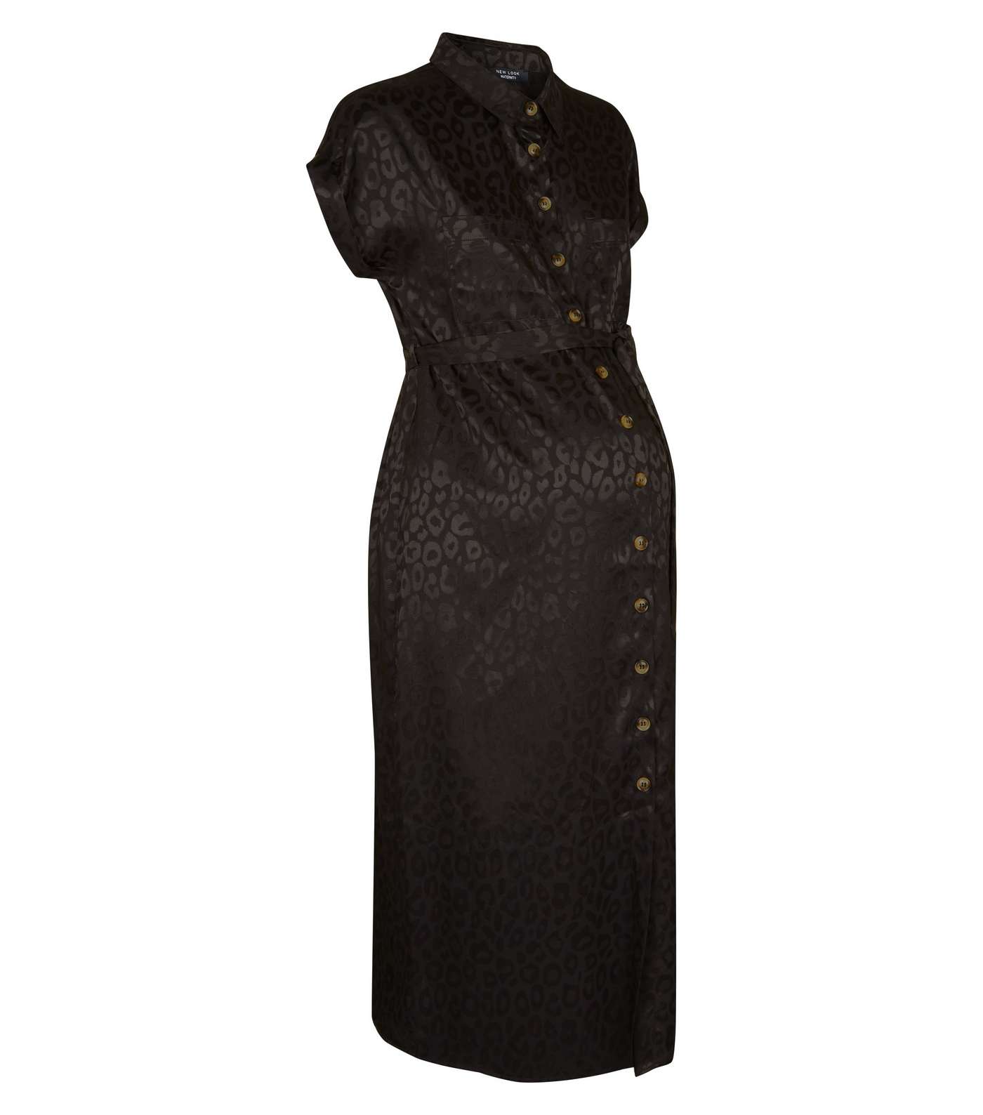 Maternity Black Leopard Print Jacquard Midi Shirt Dress  Image 4