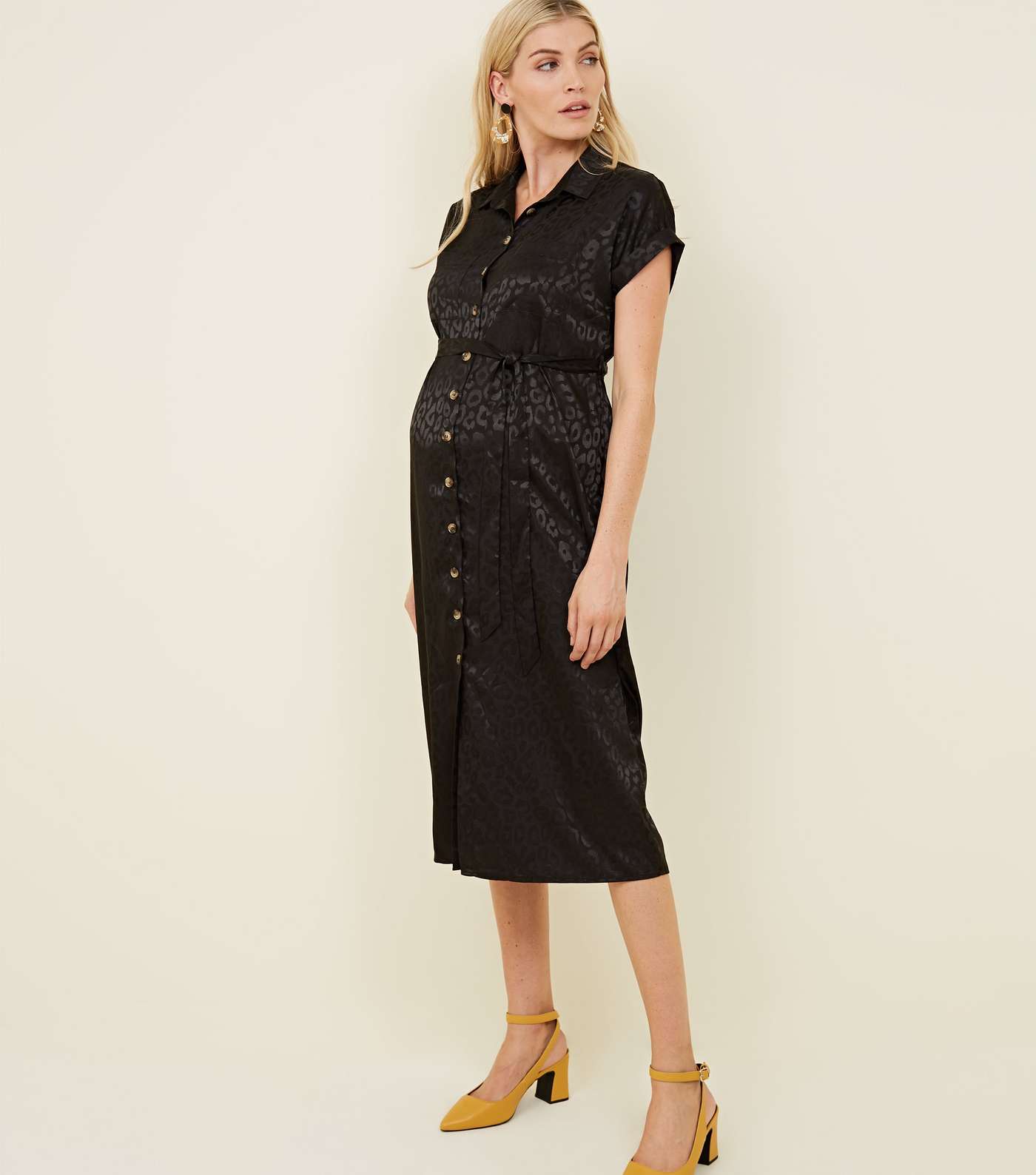Maternity Black Leopard Print Jacquard Midi Shirt Dress  Image 2