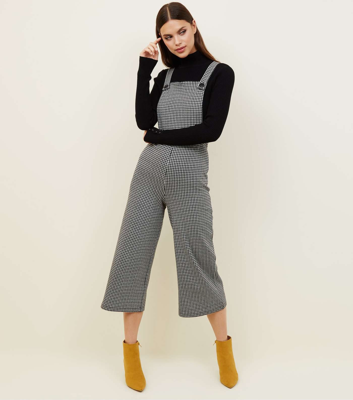 Black Houndstooth Check Jersey Dungarees