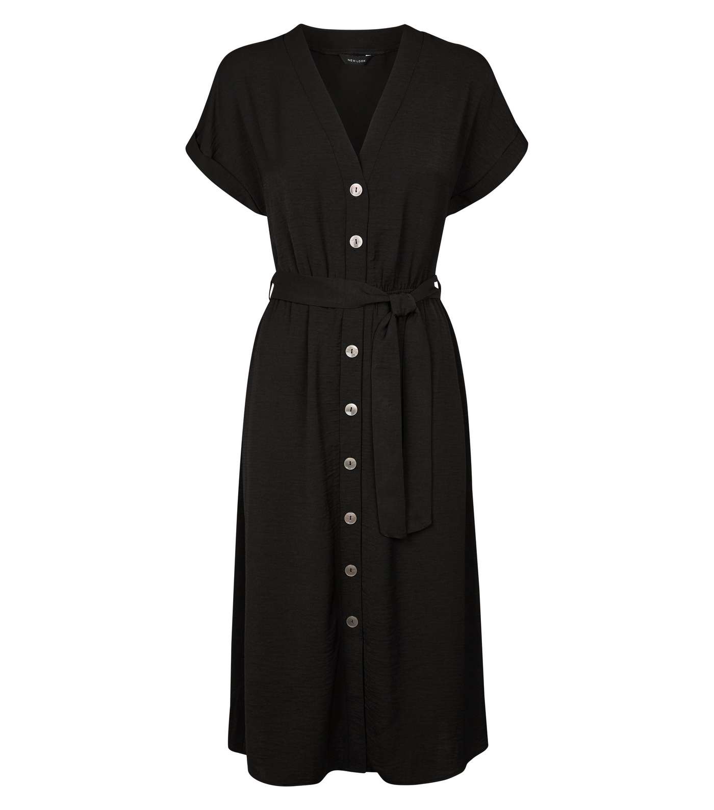 Black Button Through Tie Waist Midi Dress Image 4