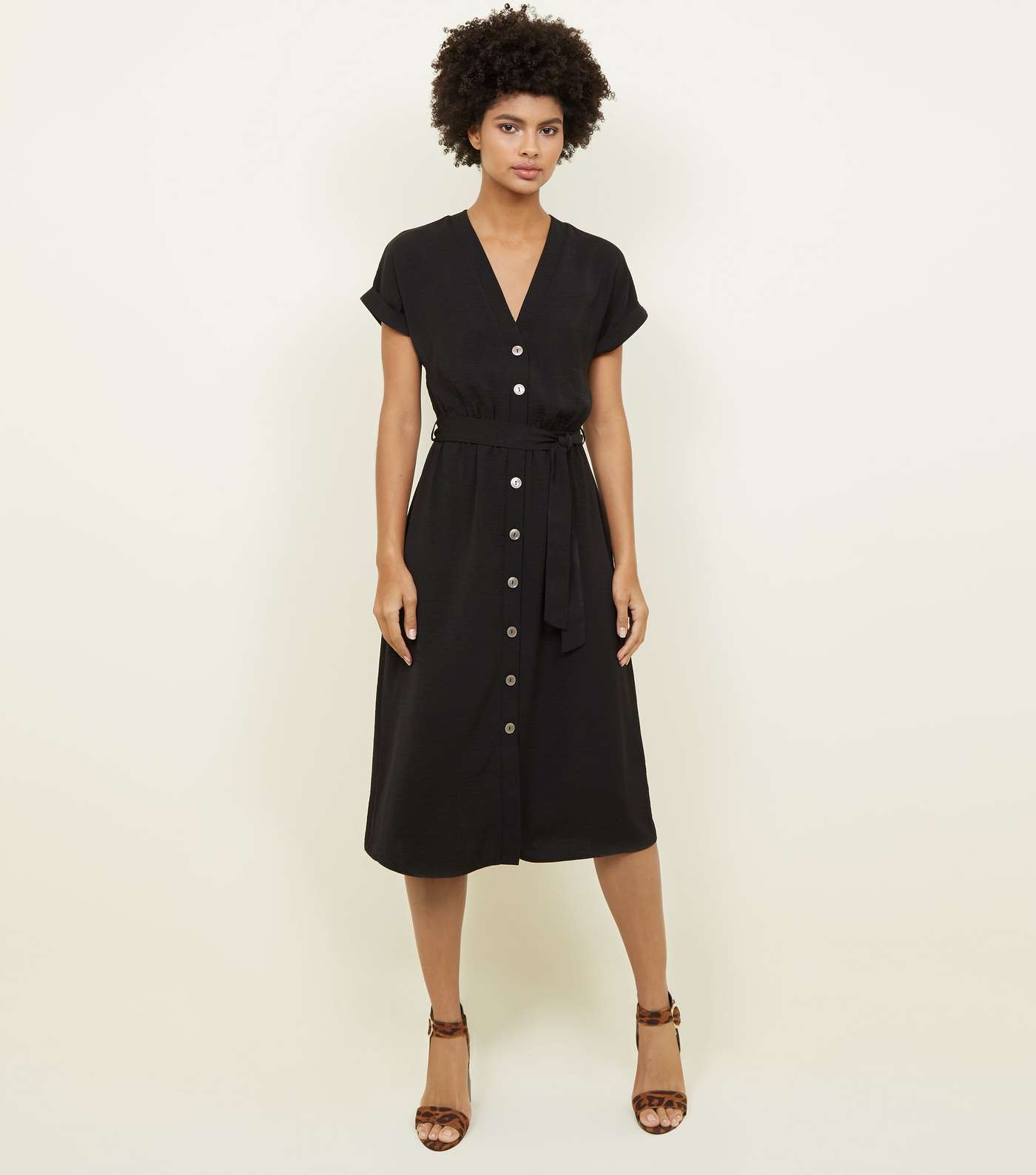 Black Button Through Tie Waist Midi Dress Image 2
