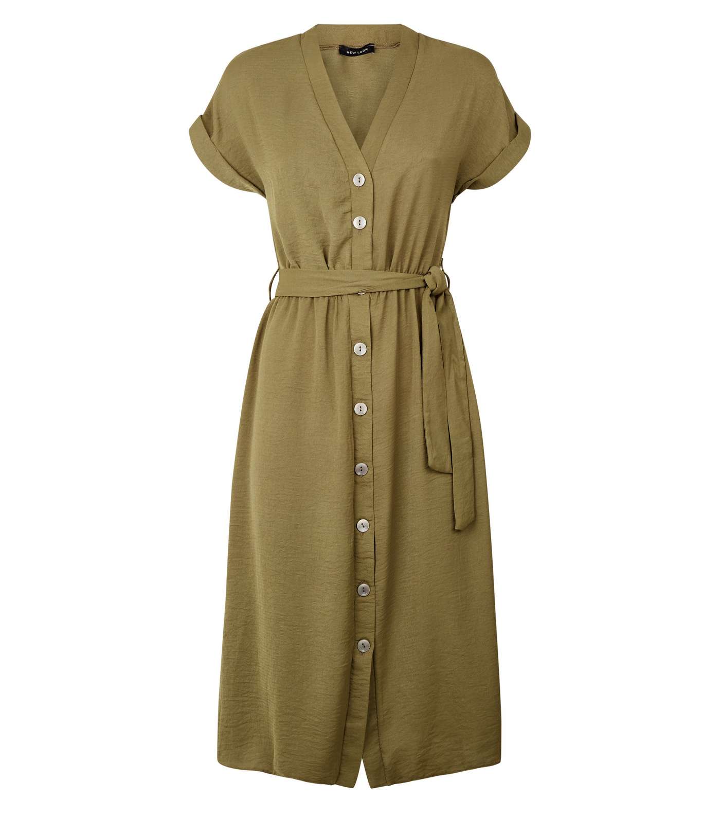 Khaki Button Through Tie Waist Midi Dress Image 4