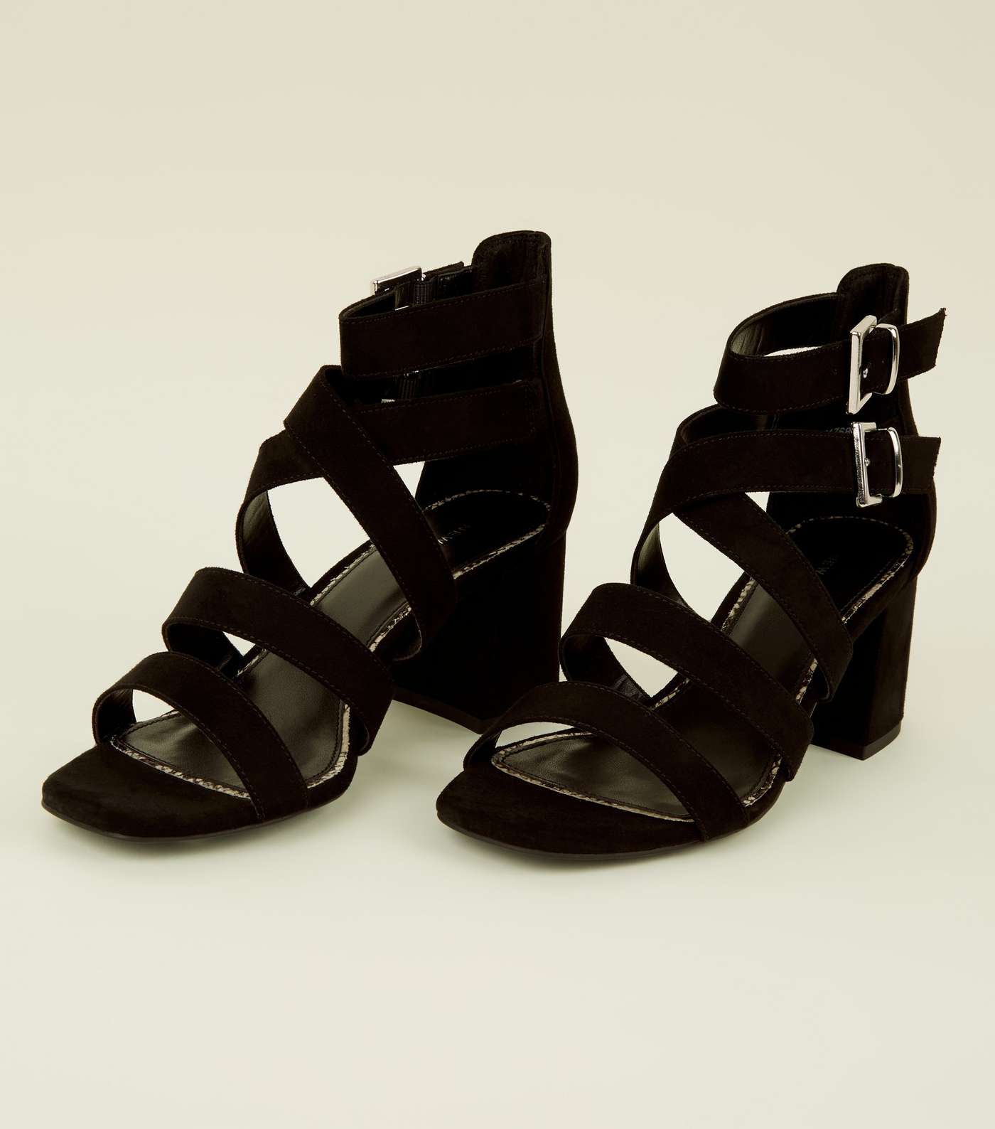 Black Faux Snake Lined Strappy Mid Heel Sandals Image 4