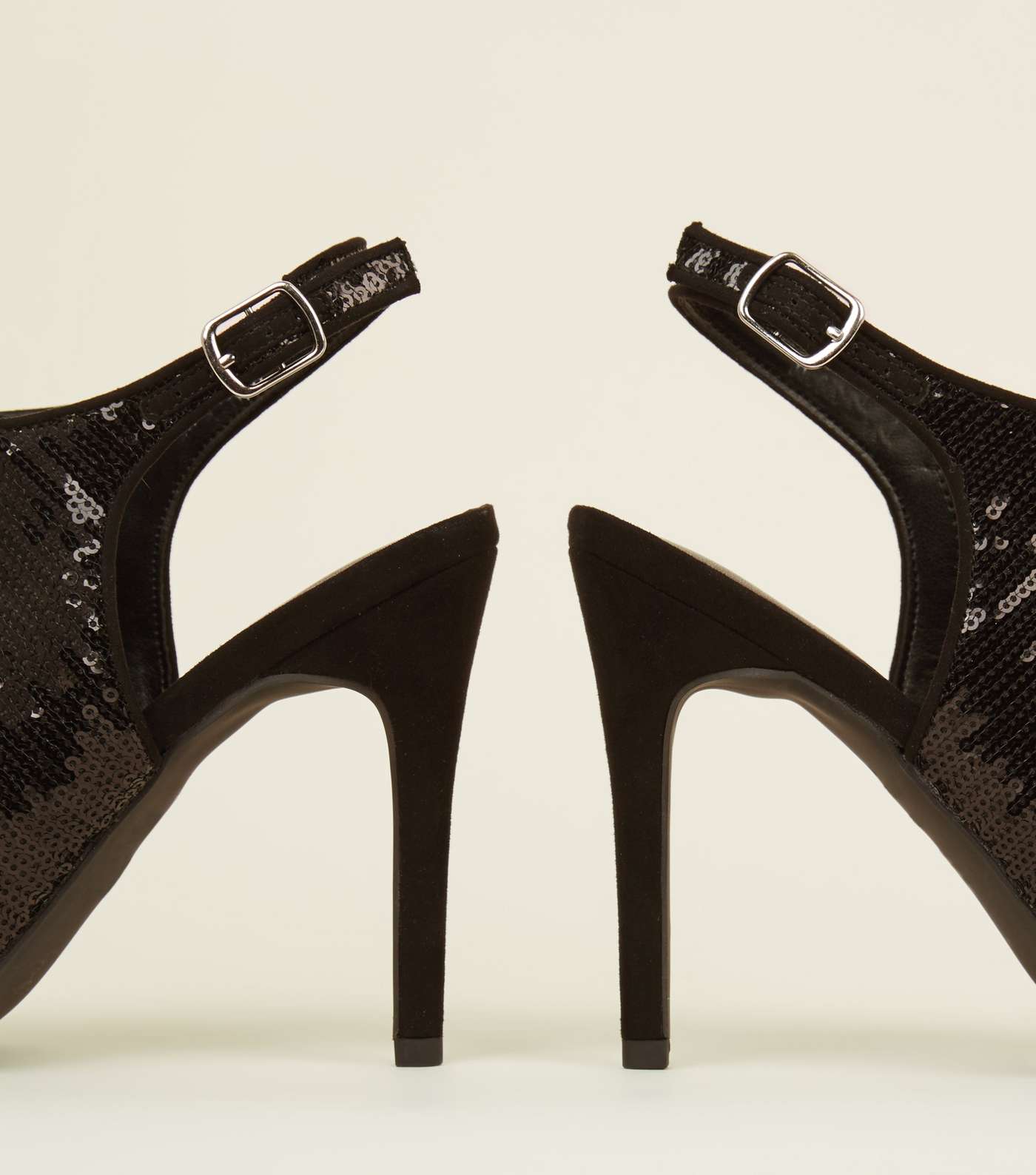 Black Sequin Embellished Peep Toe Stilettos Image 4