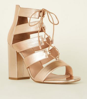 rose gold lace up block heels