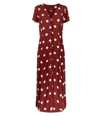 rust spot print satin frill midi tea dress