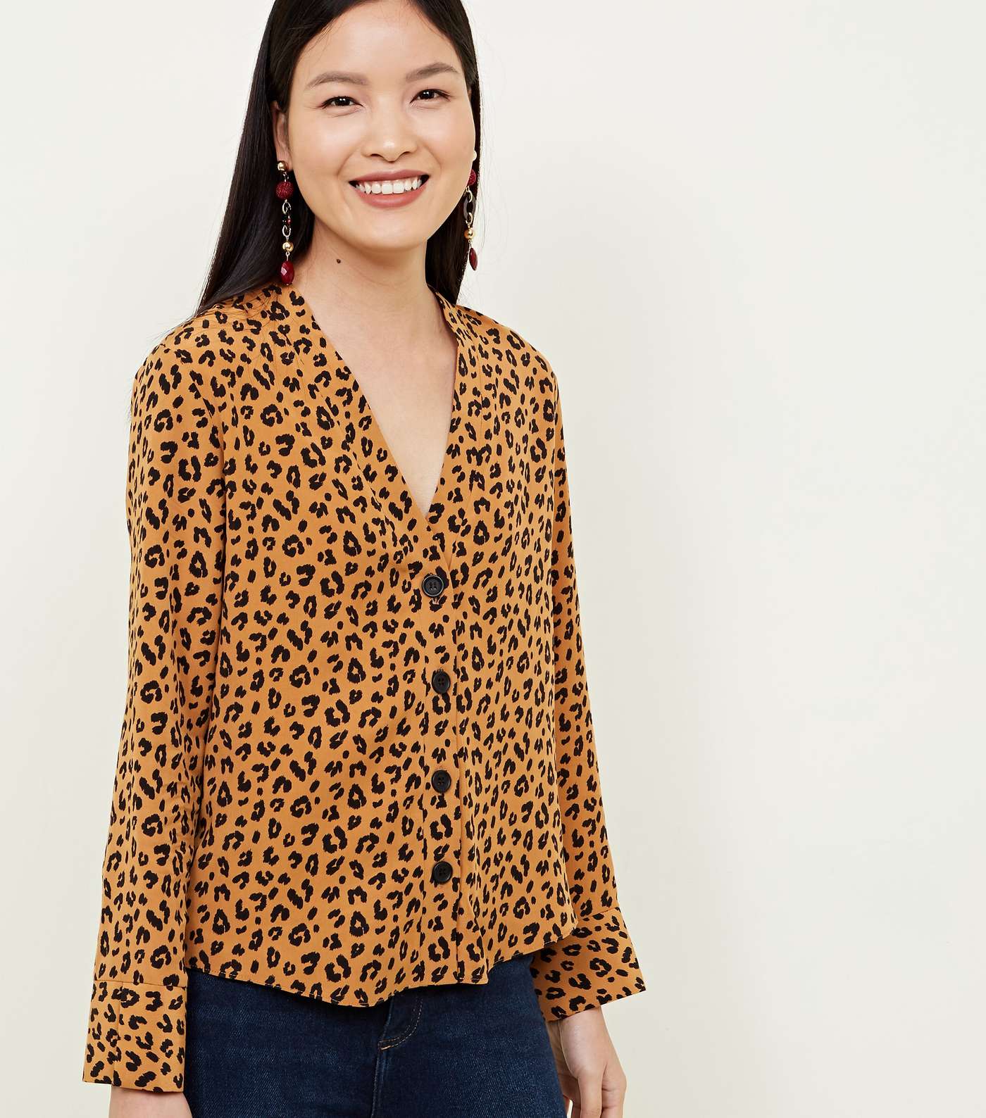 Brown Leopard Print Long Sleeve V-Neck Shirt