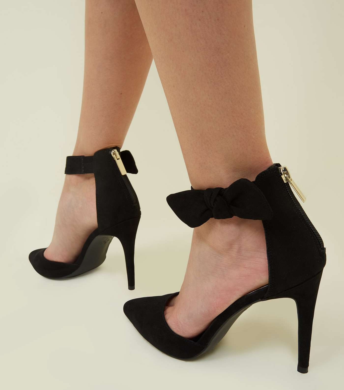 Black Suedette Bow Ankle Strap Stilettos  Image 2