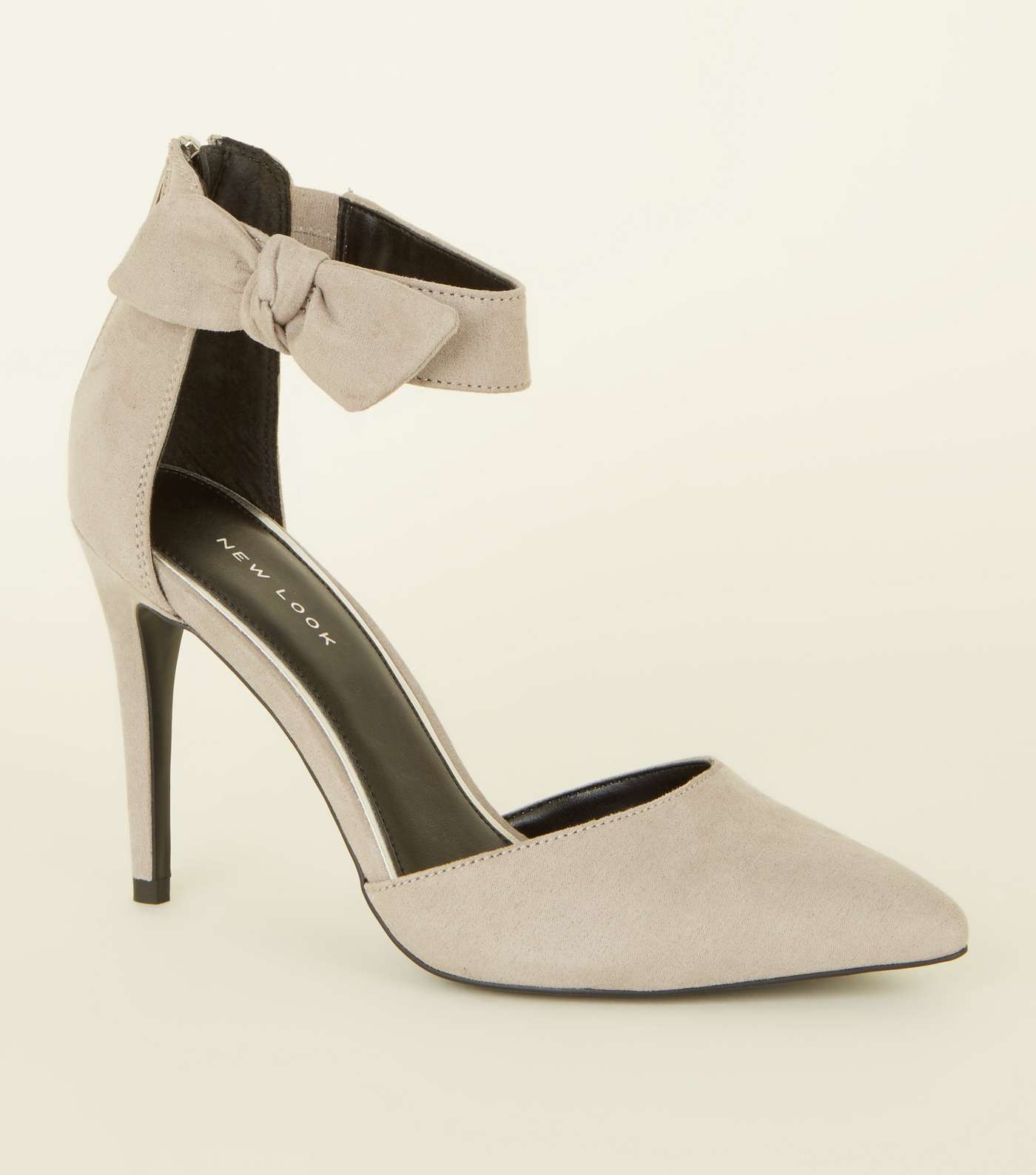 Grey Suedette Bow Ankle Strap Stilettos 