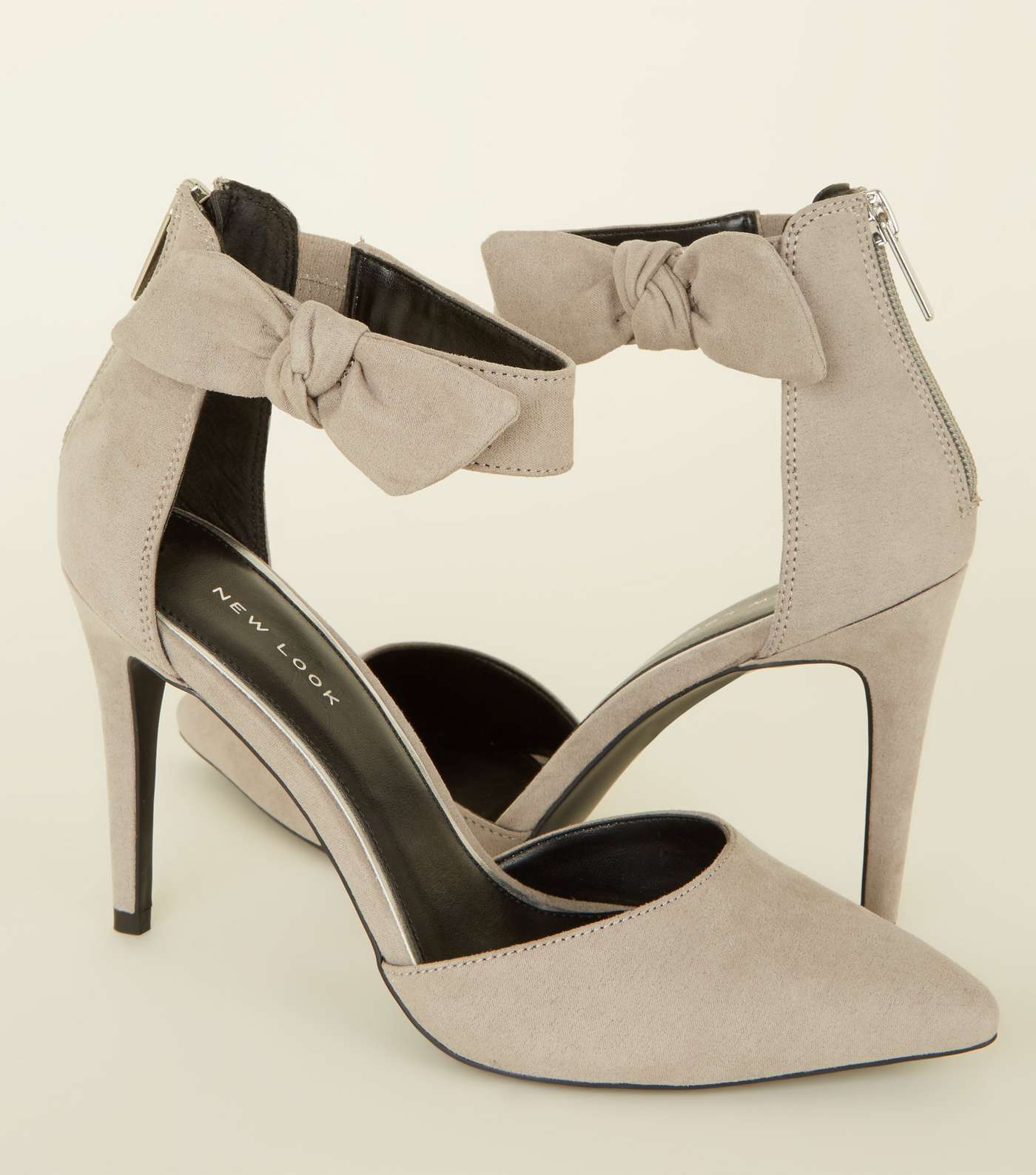 Grey Suedette Bow Ankle Strap Stilettos  Image 3