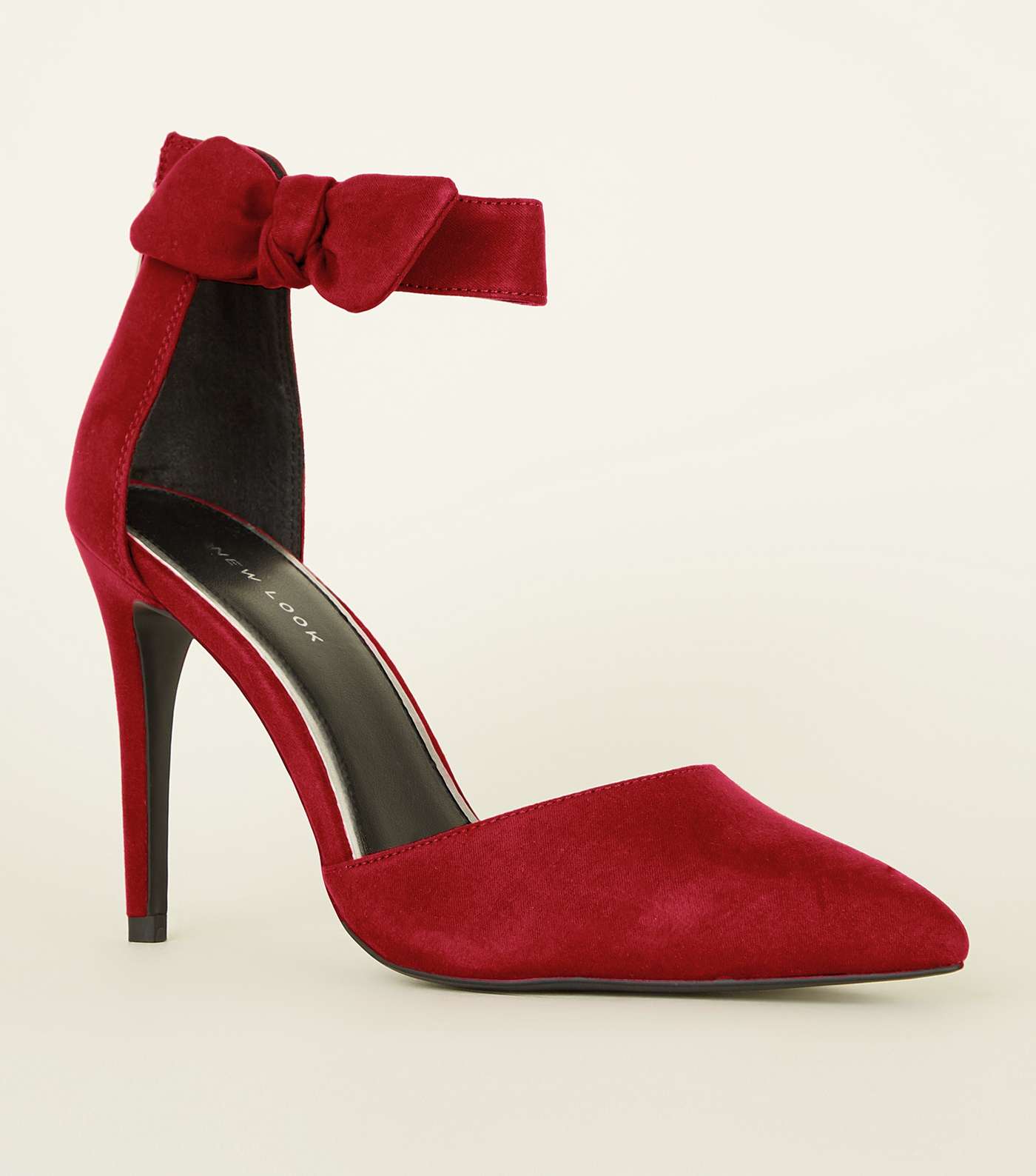 Red Suedette Bow Ankle Strap Stilettos