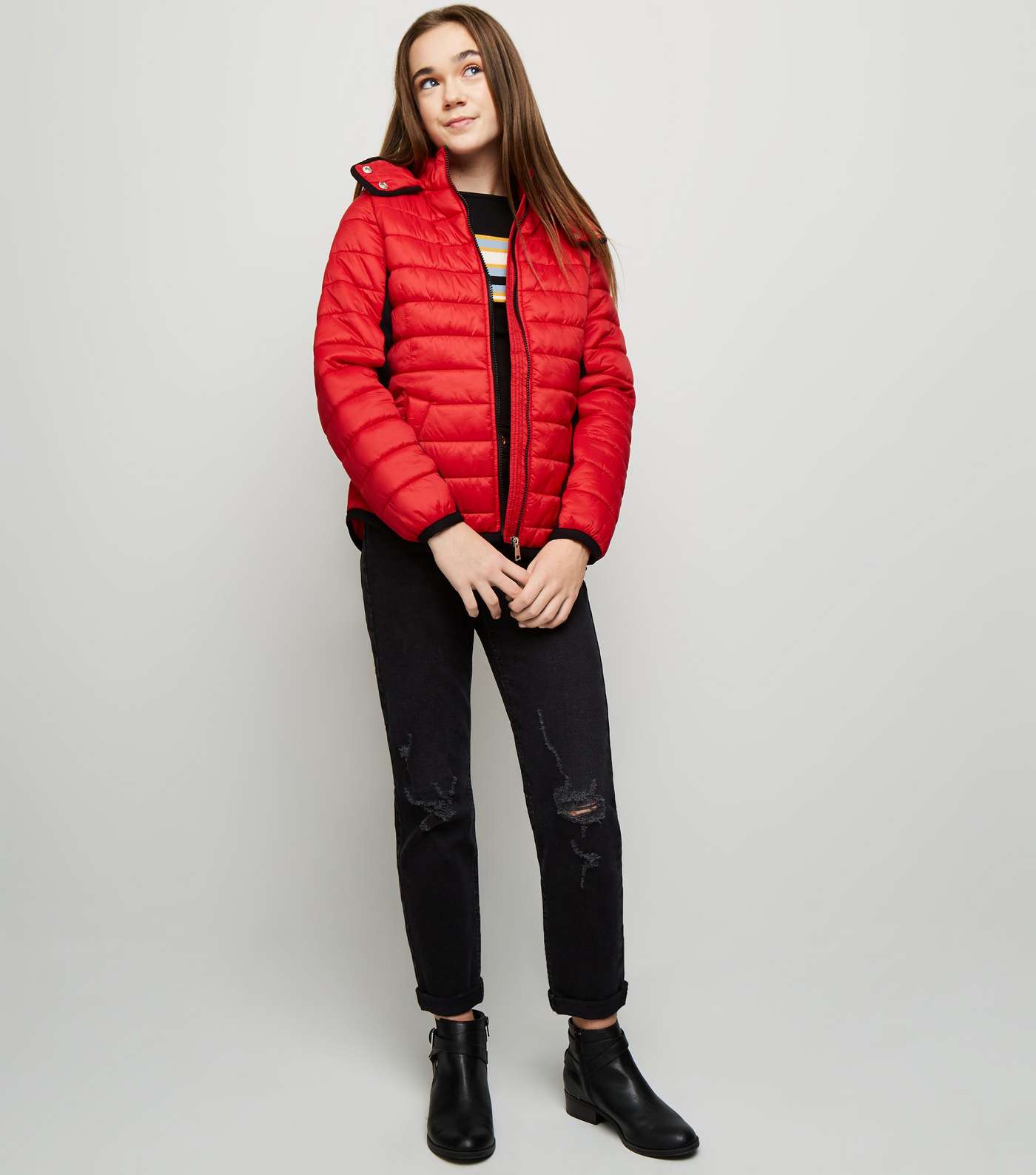 Girls Red Piped Contrast Puffer Jacket  Image 2