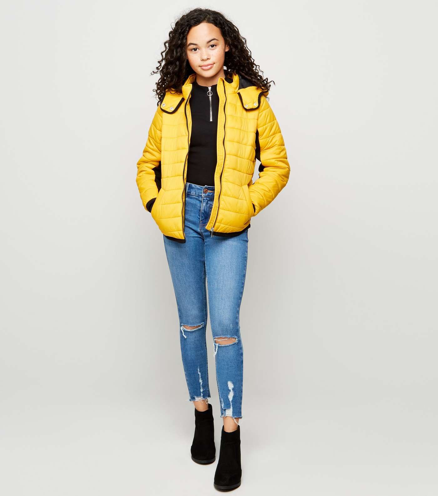 Girls Mustard Piped Contrast Puffer Jacket  Image 2