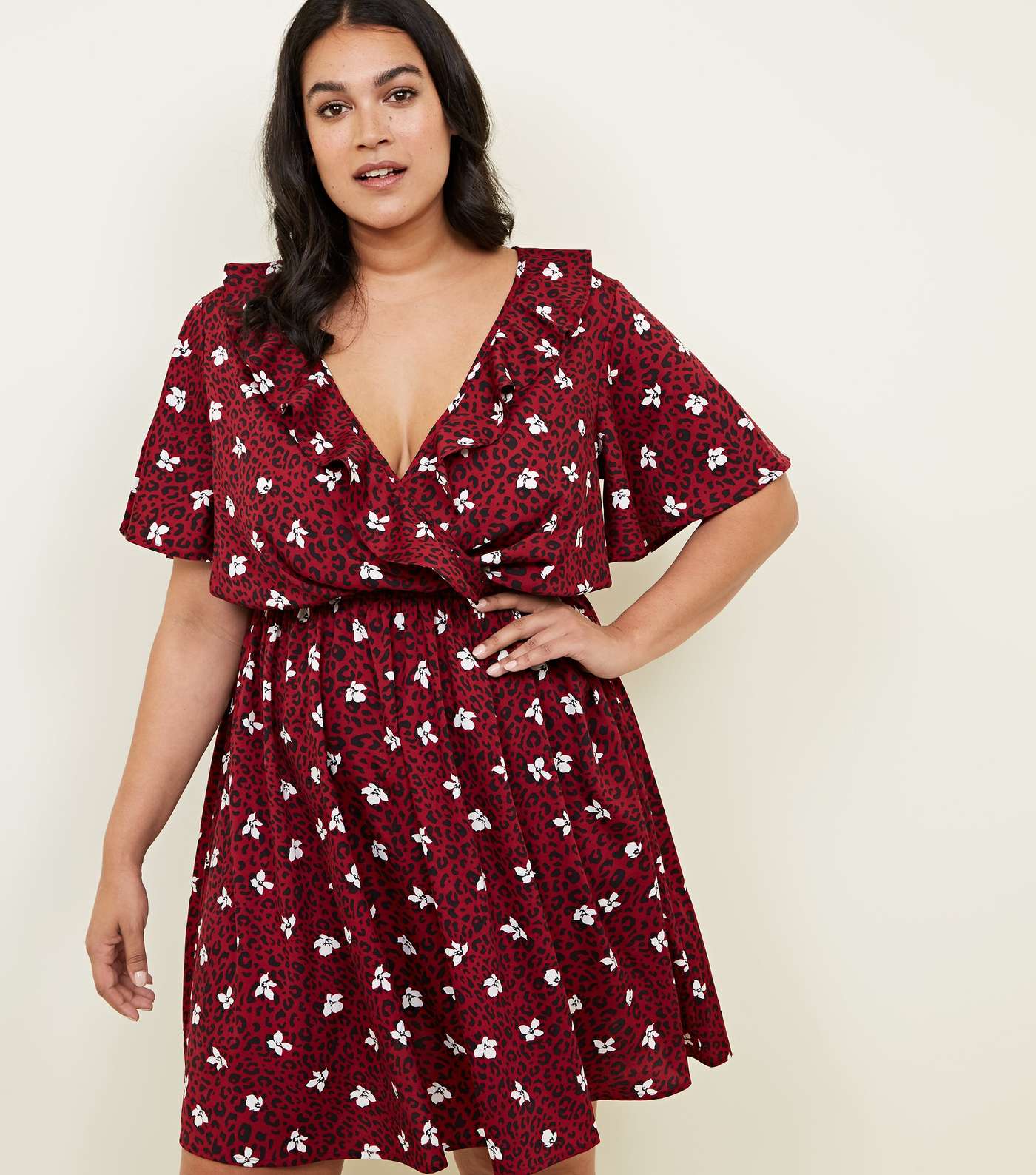 Curves Red Leopard and Floral Print Ruffle Dress