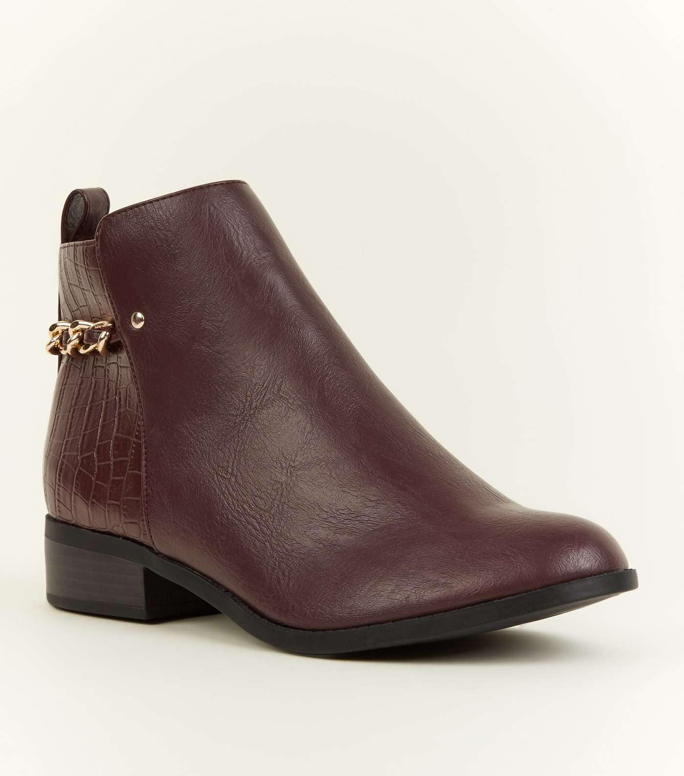 Dark Red Faux Croc Panel Chain Ankle Boots
