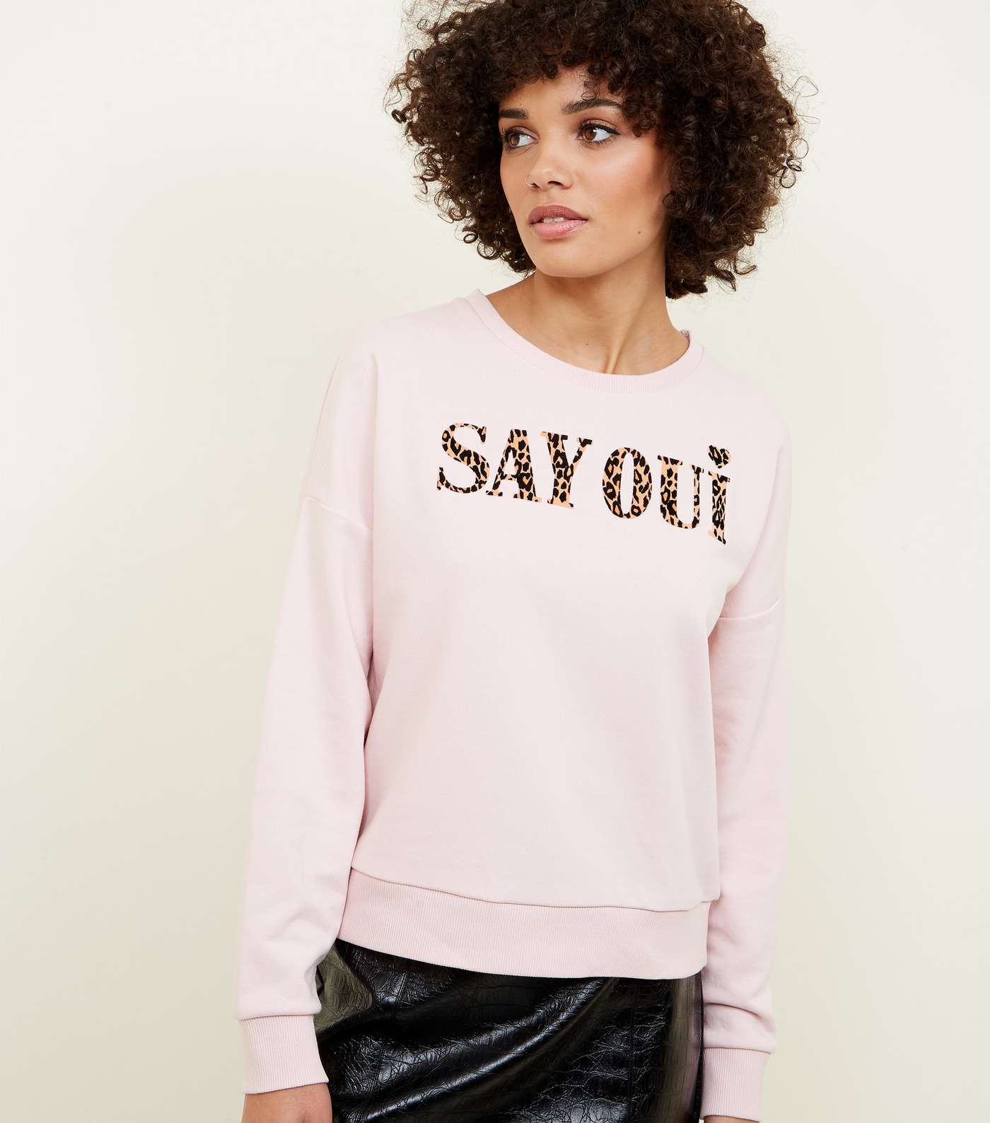 Pale Pink Say Oui Leopard Slogan Sweatshirt