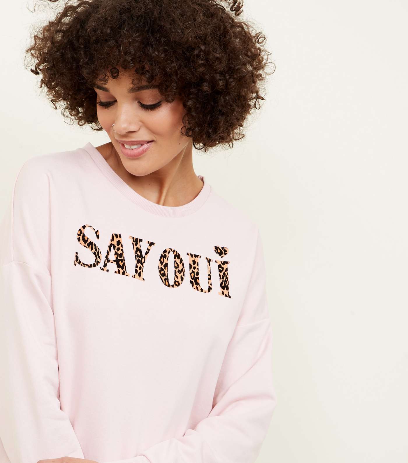 Pale Pink Say Oui Leopard Slogan Sweatshirt Image 3