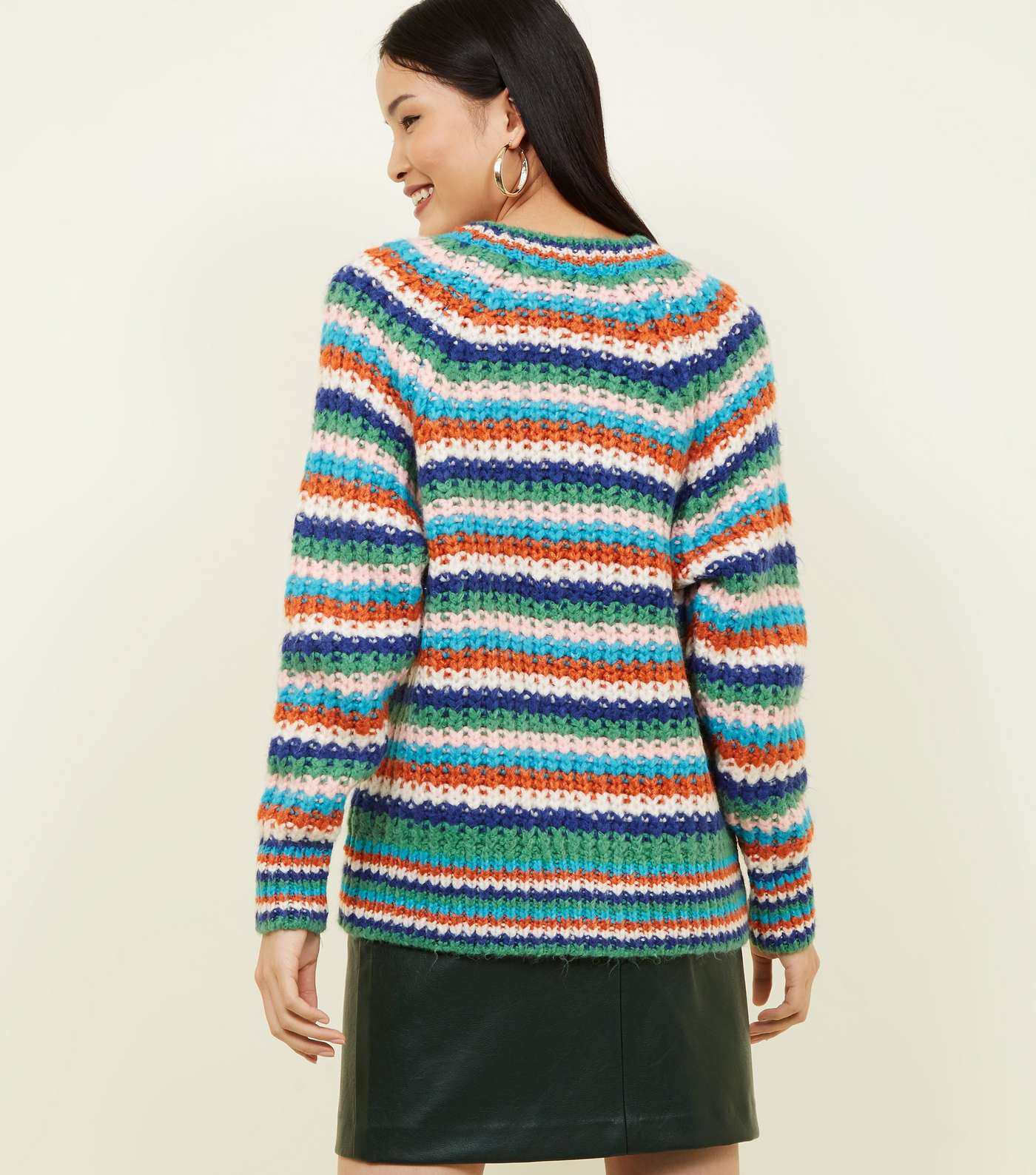 Multicoloured Stripe Chunky Knit Raglan Sleeve Jumper Image 3