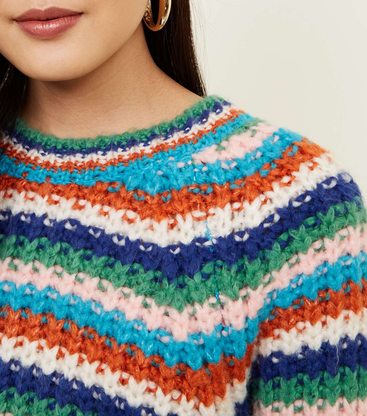 Multicoloured Stripe Chunky Knit Raglan Sleeve Jumper Image 5