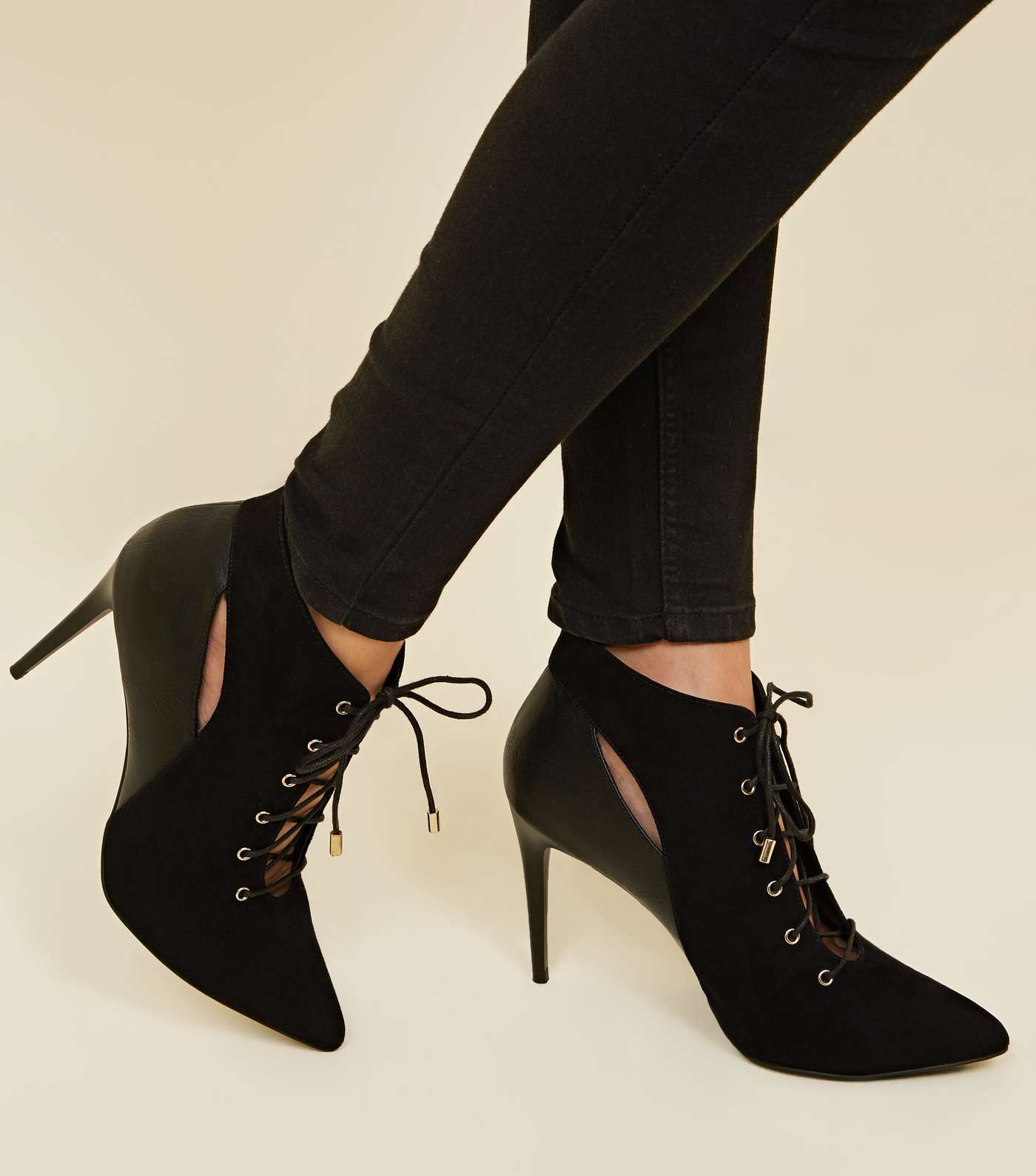 Black Lace-Up Cut Out Pointed Ankle Boots Image 2