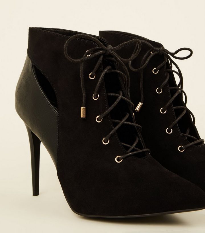 Schwarze Spitze Ankle Boots Zum Schnuren Mit Cut Outs New Look