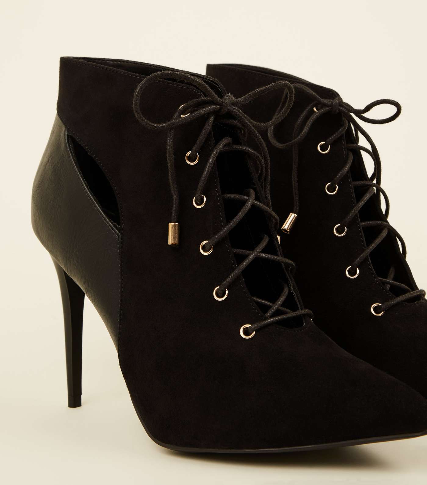 Black Lace-Up Cut Out Pointed Ankle Boots Image 4