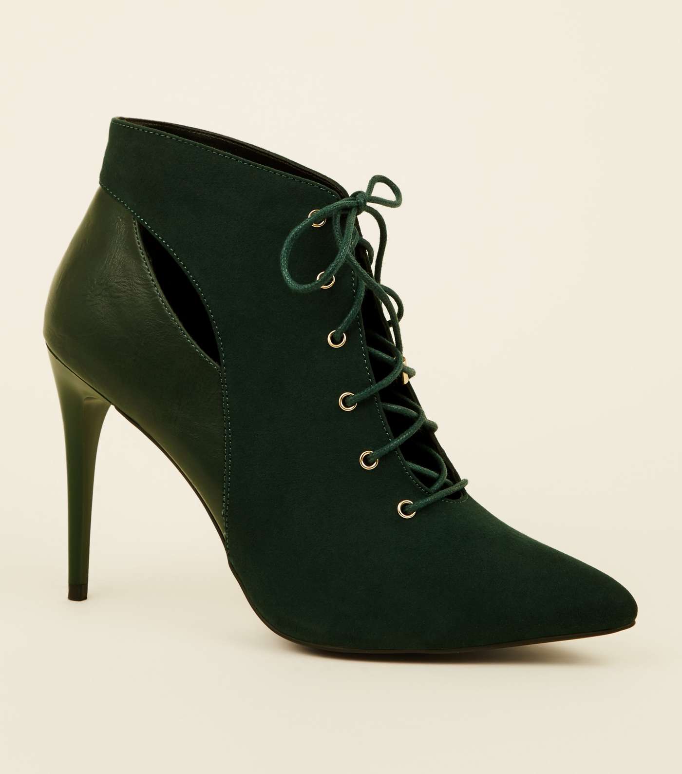 Dark Green Lace-Up Cut Out Pointed Ankle Boots