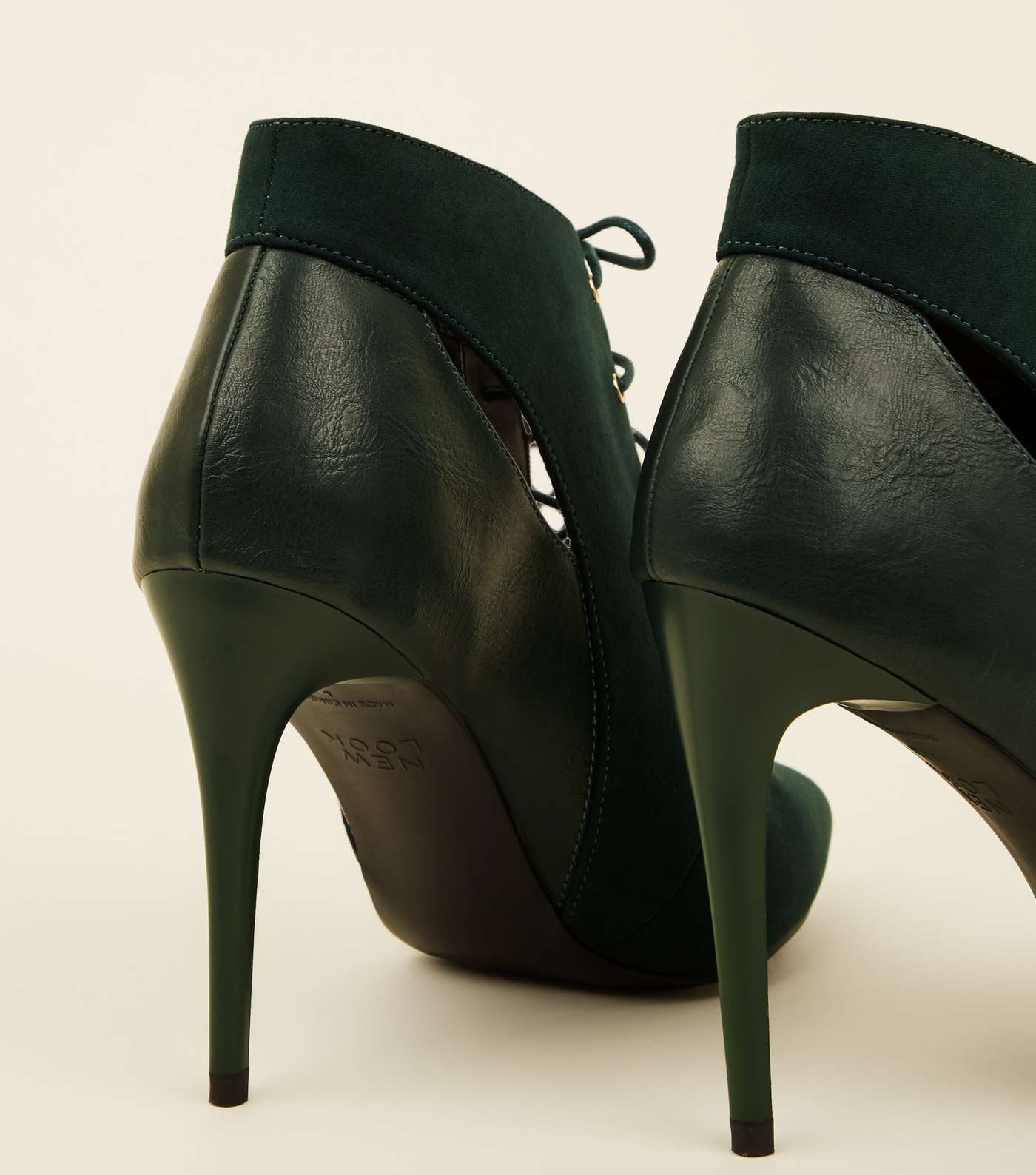 Dark Green Lace-Up Cut Out Pointed Ankle Boots Image 3