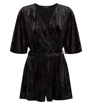 Black Glitter Stripe Velvet Playsuit New Look