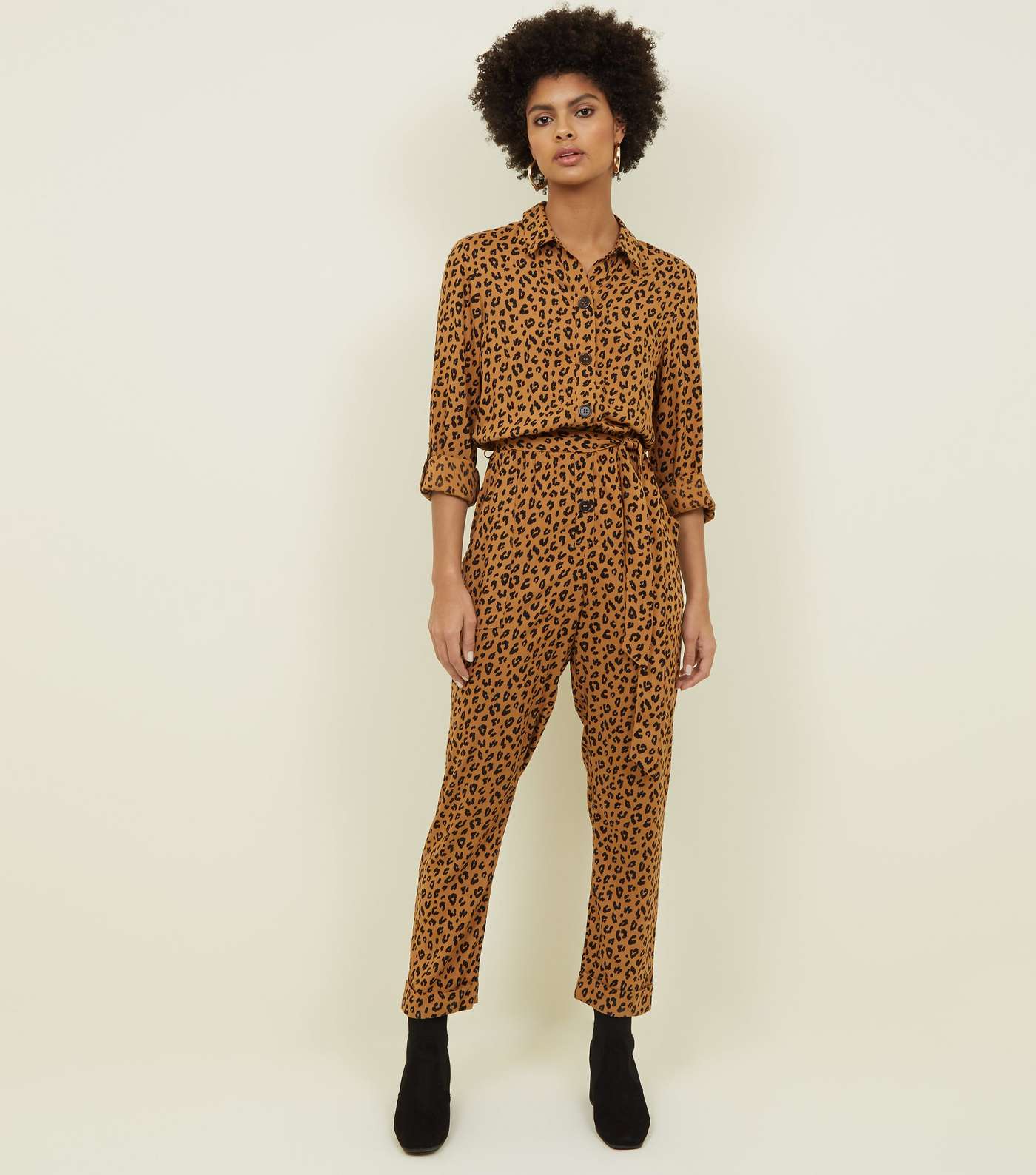 Brown Leopard Print Button Front Jumpsuit 
