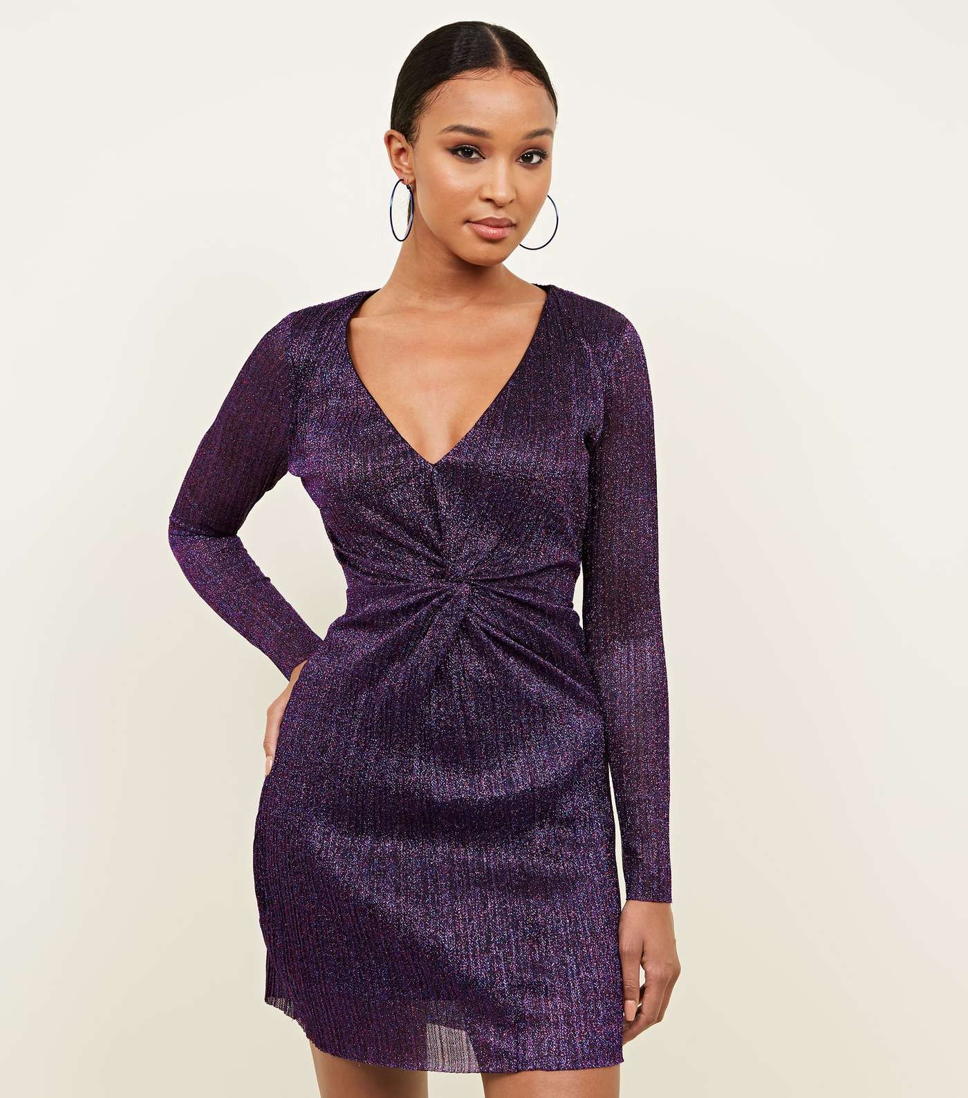 Purple Glitter Plissé Twist Front Mini Dress