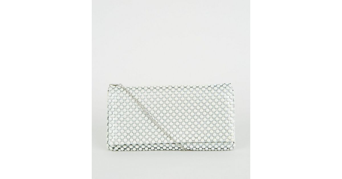 Off White Beaded Foldover Clutch Bag | New Look