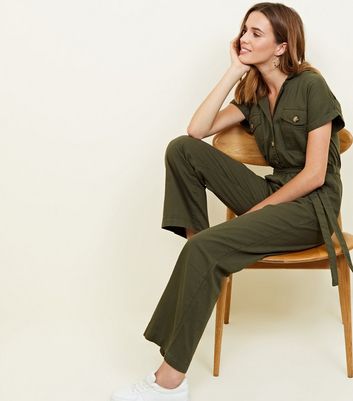 khaki denim utility jumpsuit