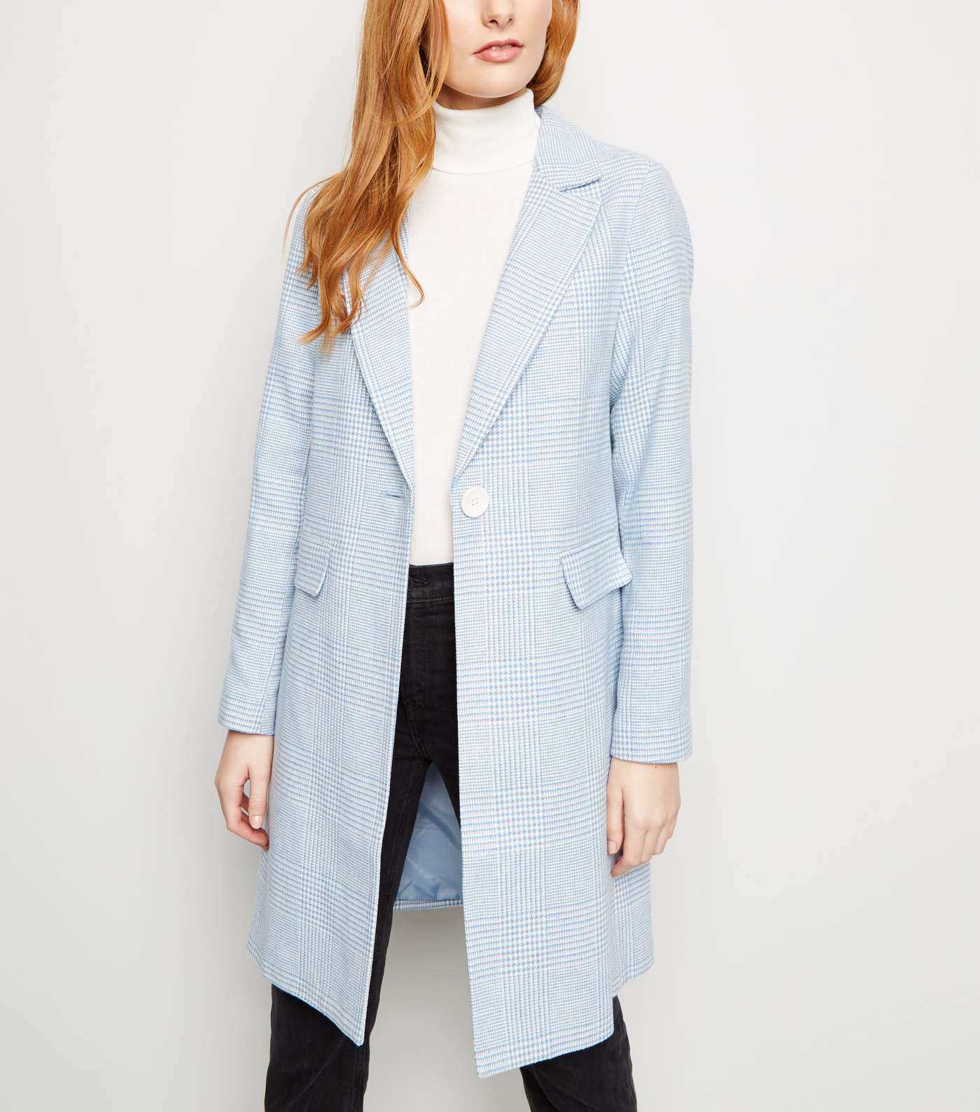 Pale Blue Houndstooth Check Print Longline Coat