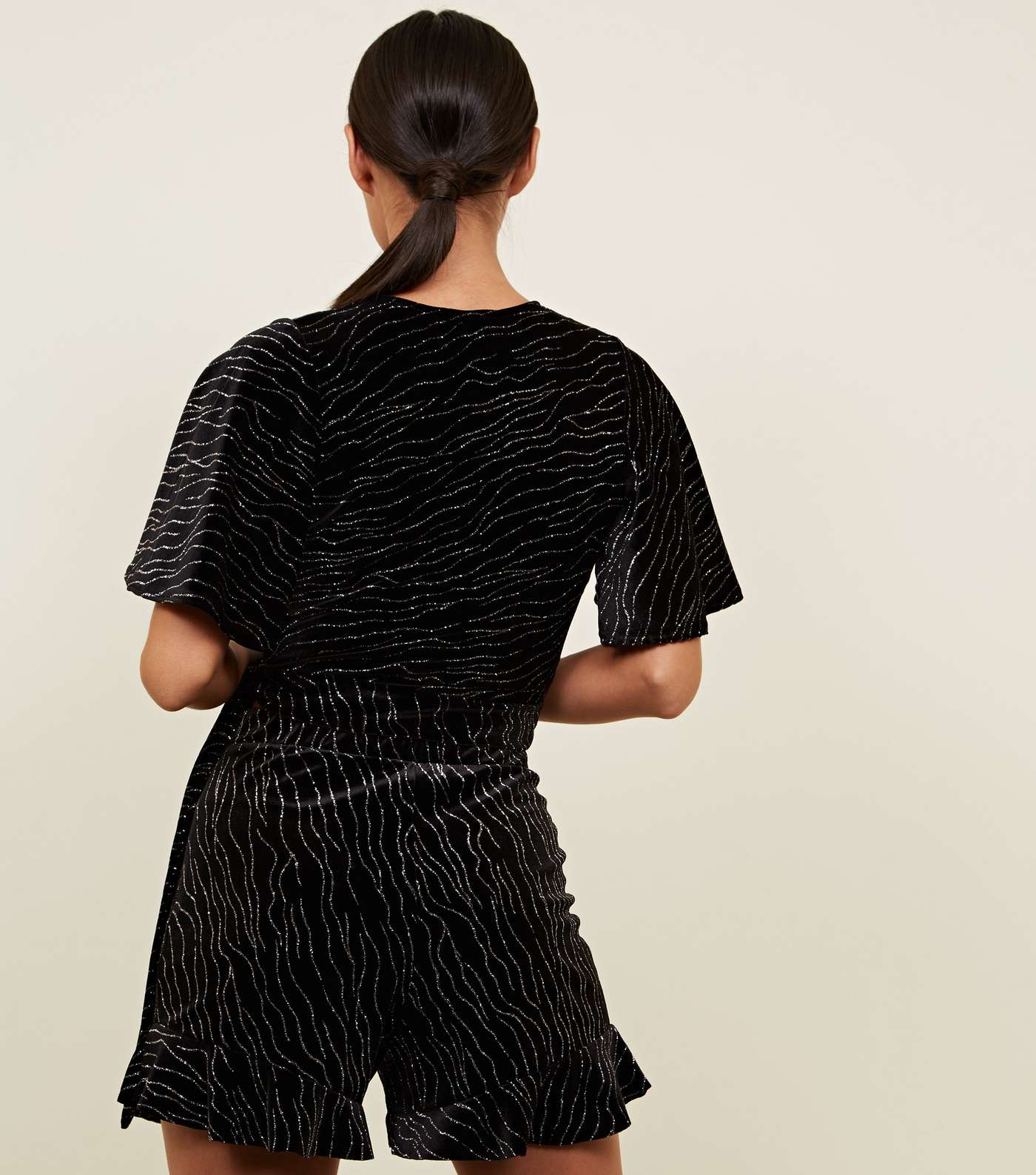 Black Zebra Glitter Print Velvet Frill Hem Shorts Image 3
