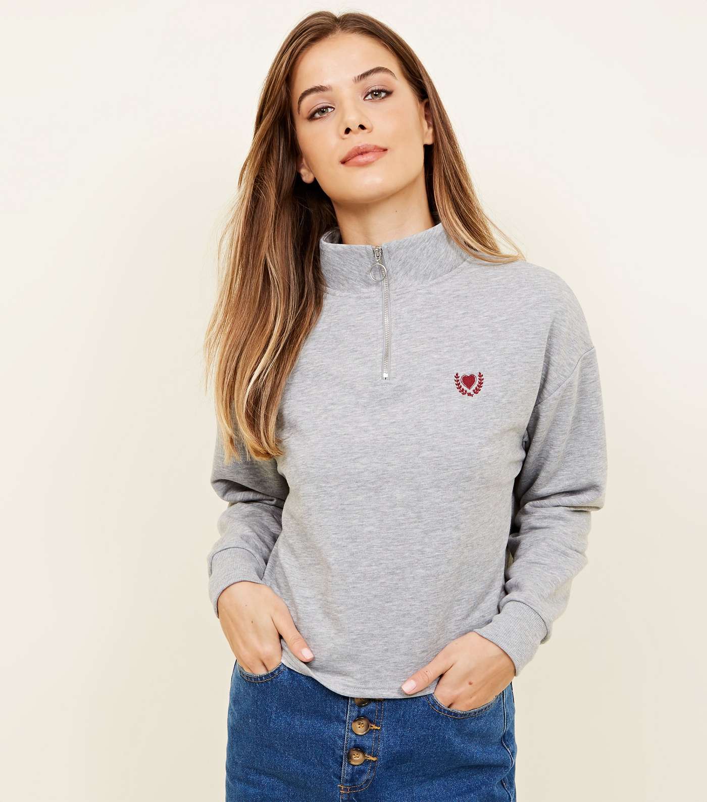 Grey Marl Heart Crest Zip Neck Sweatshirt
